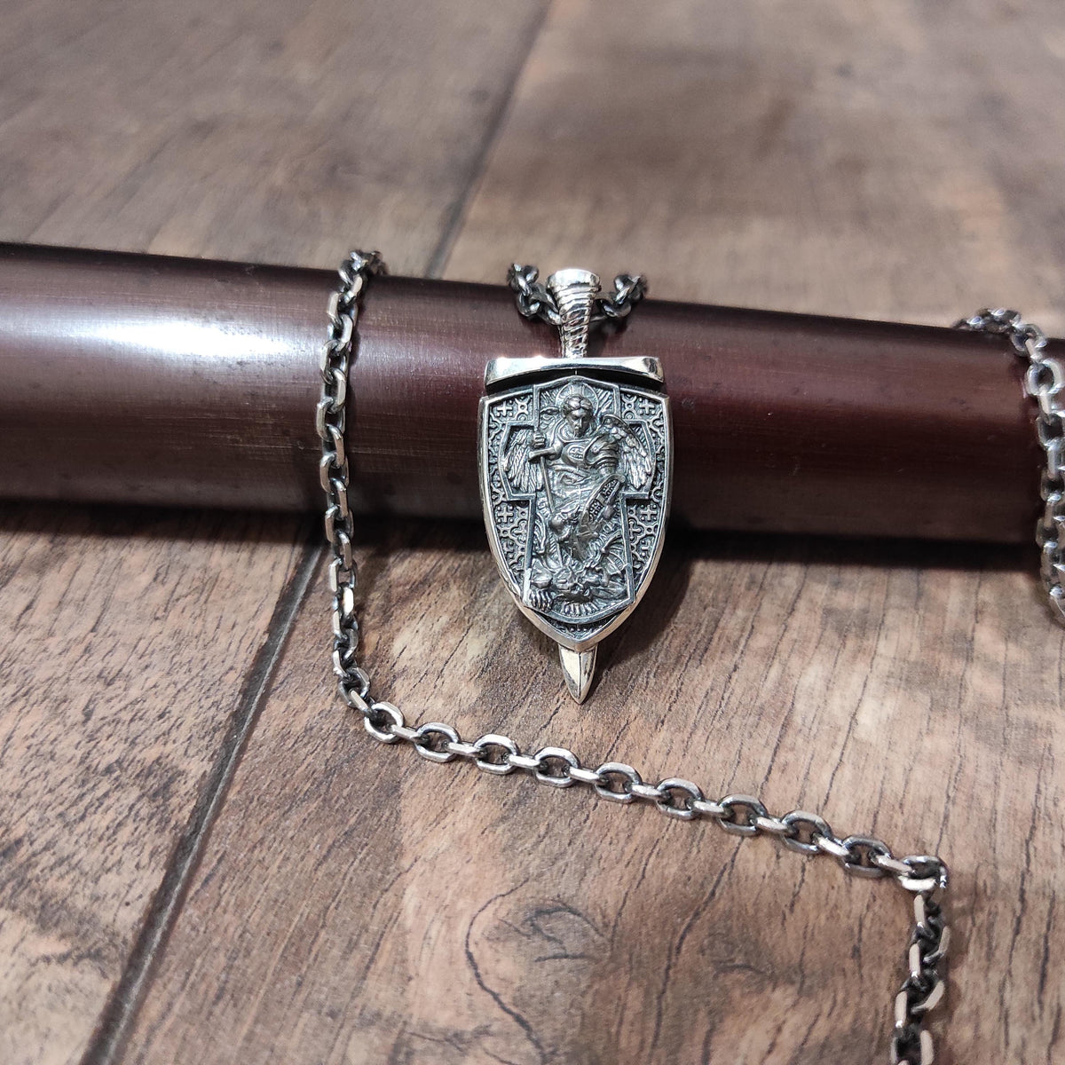 Sterling Silver Archangel Michael Shield Pendant Necklace: Religious Gift