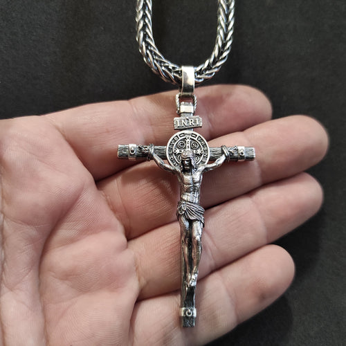 Handmade Sterling Silver Saint Benedict Crucifix Necklace: Religious Gift