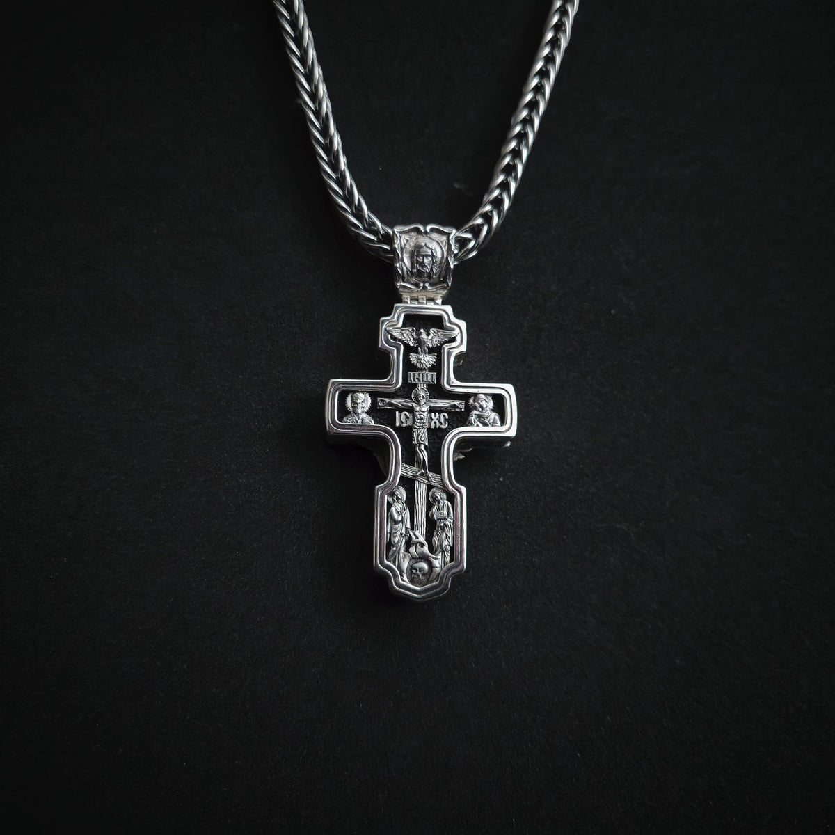 Sterling Silver Orthodox Cross Necklace - Archangel Michael, Ebony Wood