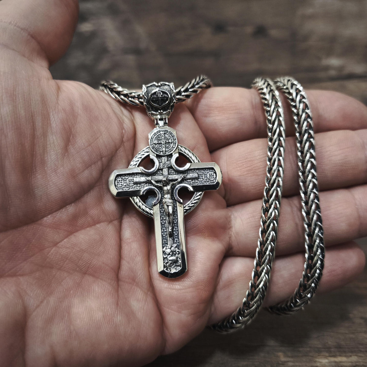 Personalized Saint Benedict Crucifix Necklace Archangel Saint Michael: Sterling Silver