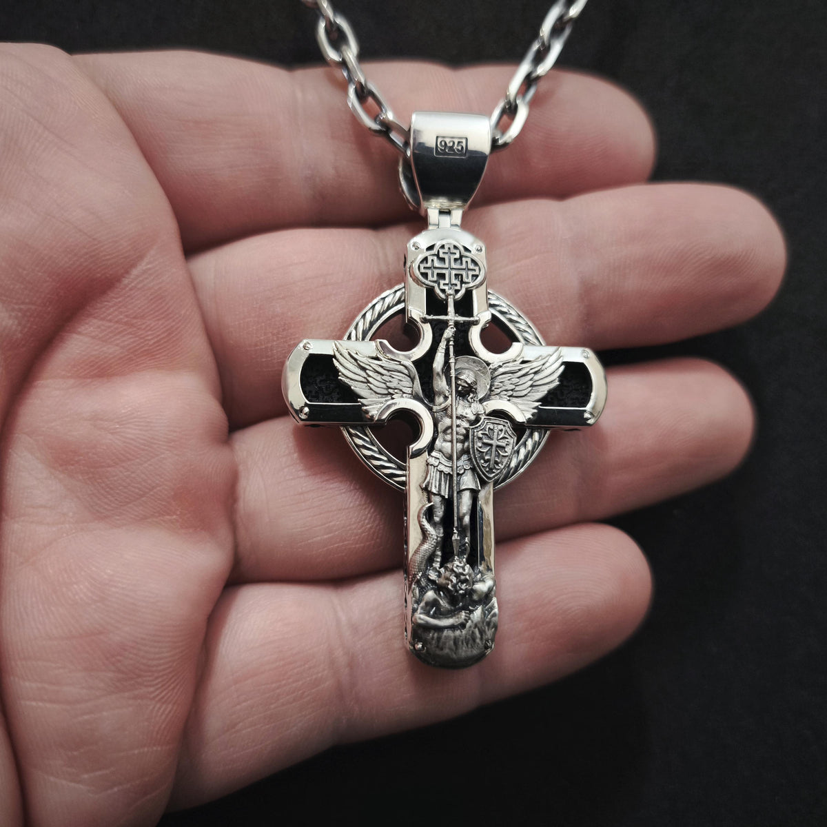 Sterling Silver Orthodox Crucifix Necklace Archangel Saint Michael & Ebony Wood - Religious Pendant