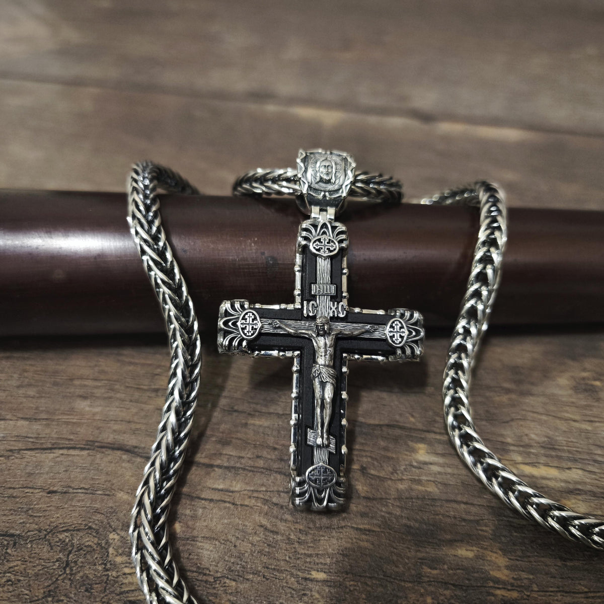Sterling Silver Orthodox Crucifix Necklace & Ebony Wood - Religious Pendant