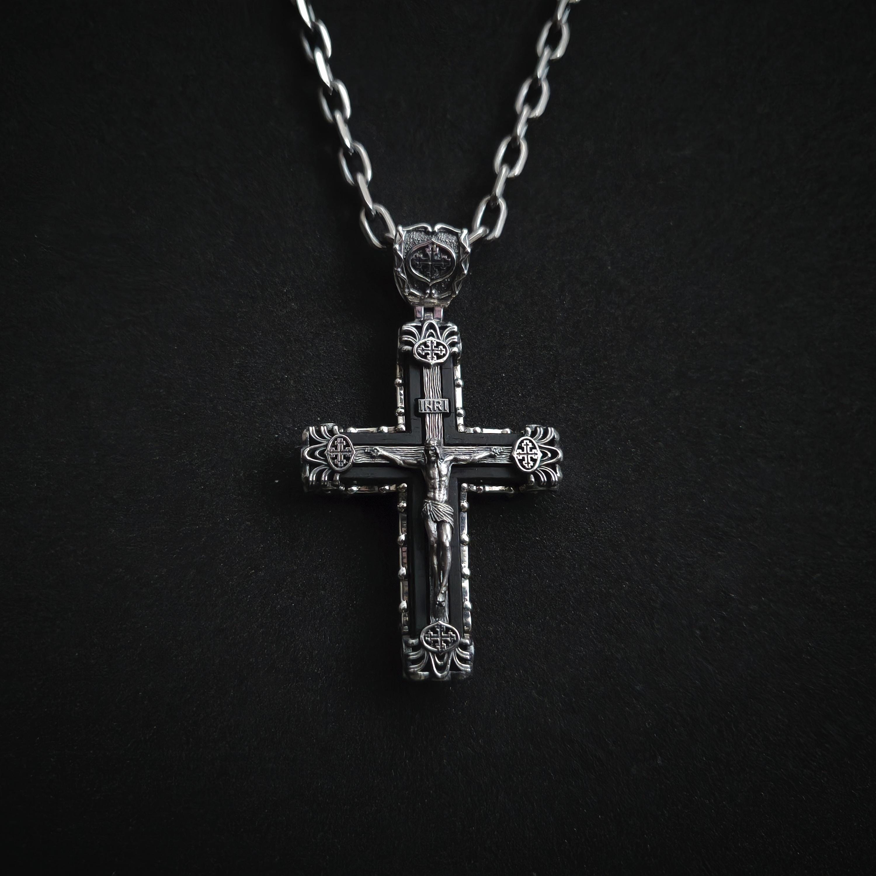 Sterling Silver Crucifix Archangel Michael Necklace & Ebony Wood - Religious Pendant