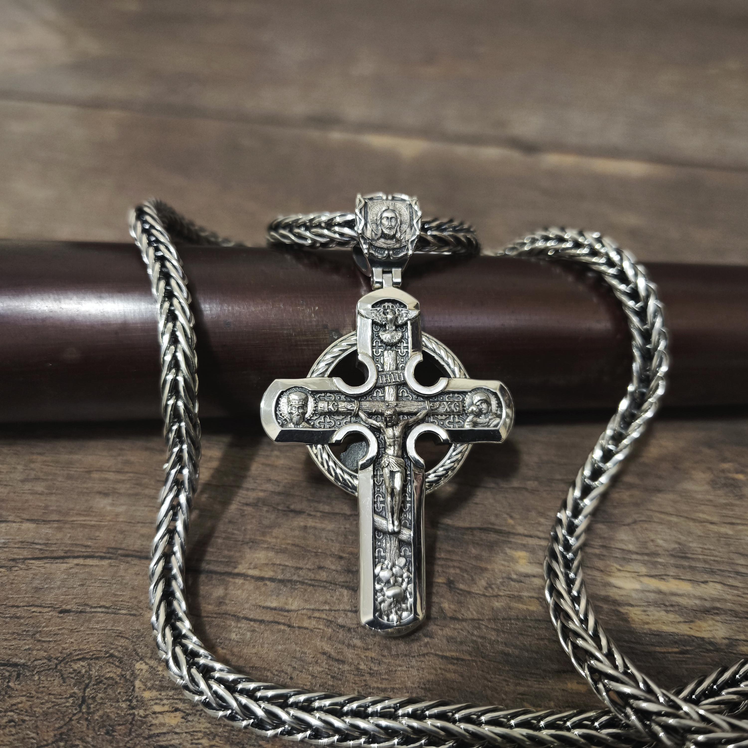 Sterling Silver Orthodox Crucifix Jesus Cross Necklace Archangel Saint Michael - Religious Pendant