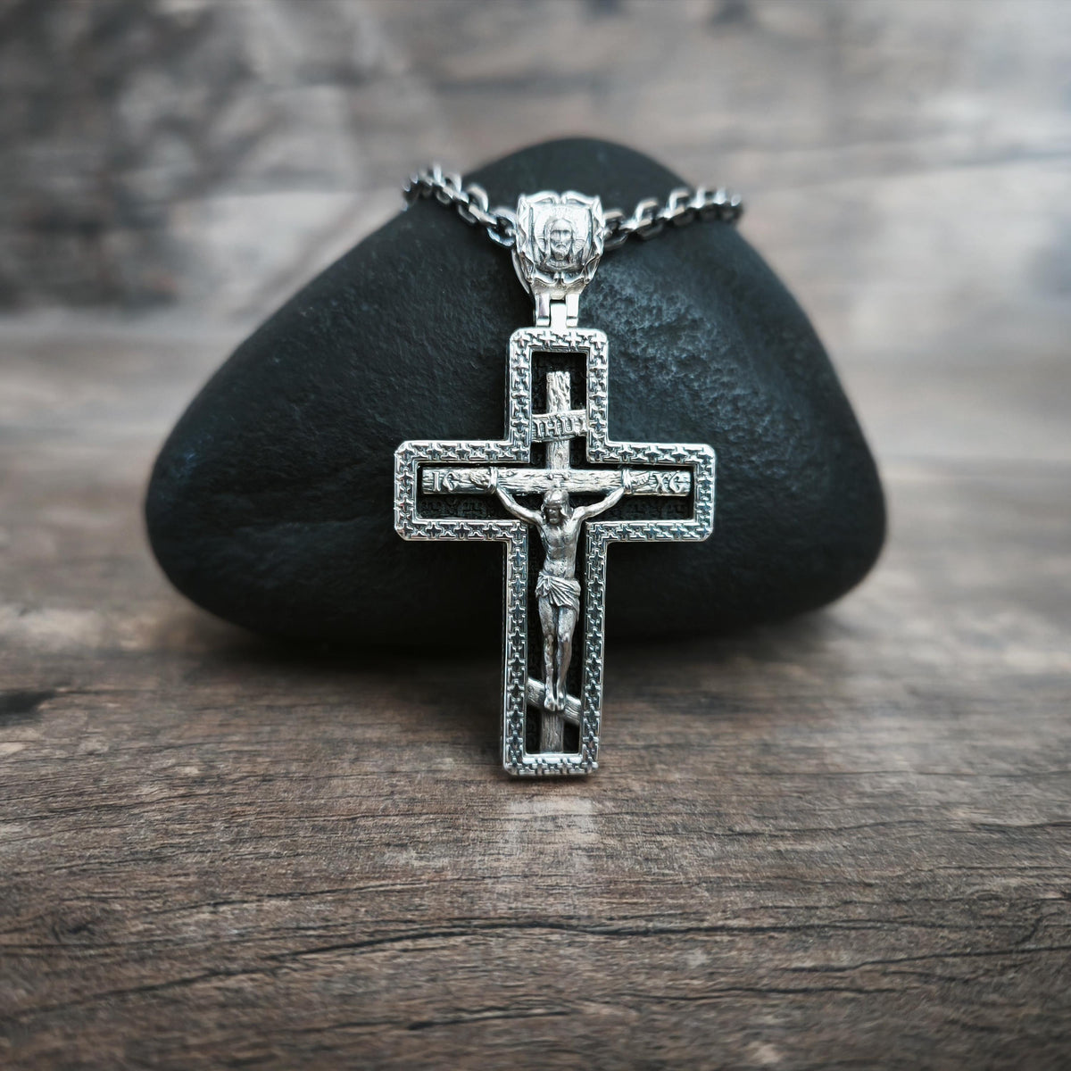 Sterling Silver Orthodox Crucifix Necklace Archangel Saint Michael & Ebony Wood - Religious Pendant
