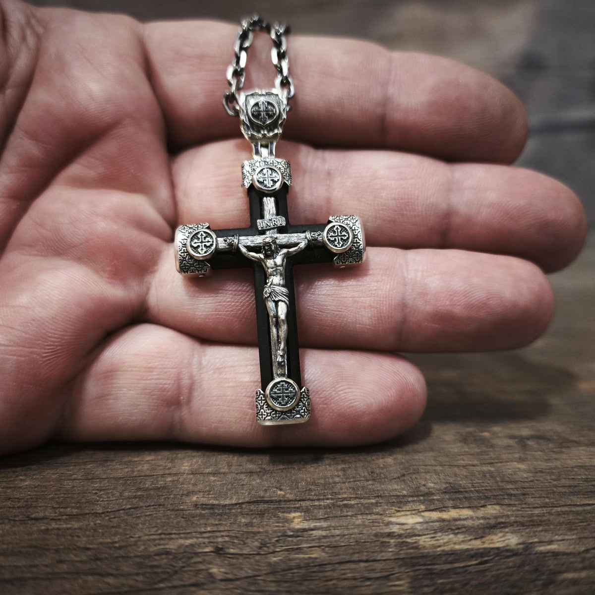 Personalized Jesus Cross Saint Benedict Crucifix Necklace Archangel Saint Michael : Sterling Silver & Ebony Wood