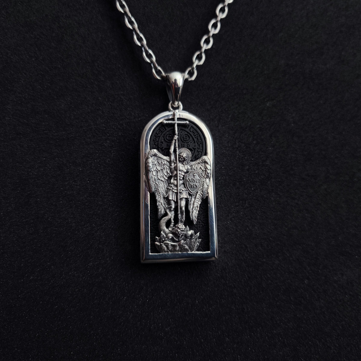 Sterling Silver Archangel Saint Michael Necklace: Handmade St. Benedict Exorcism & Ebony Wood
