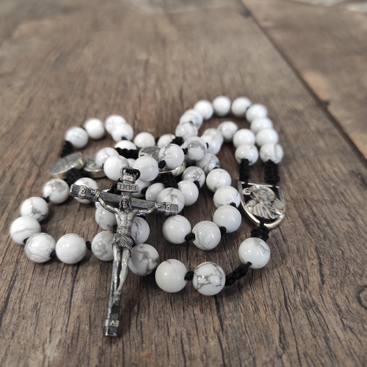 Sterling Silver Saint Benedict Rosary: White Howlite Beads, Catholic Exorcism Pendant