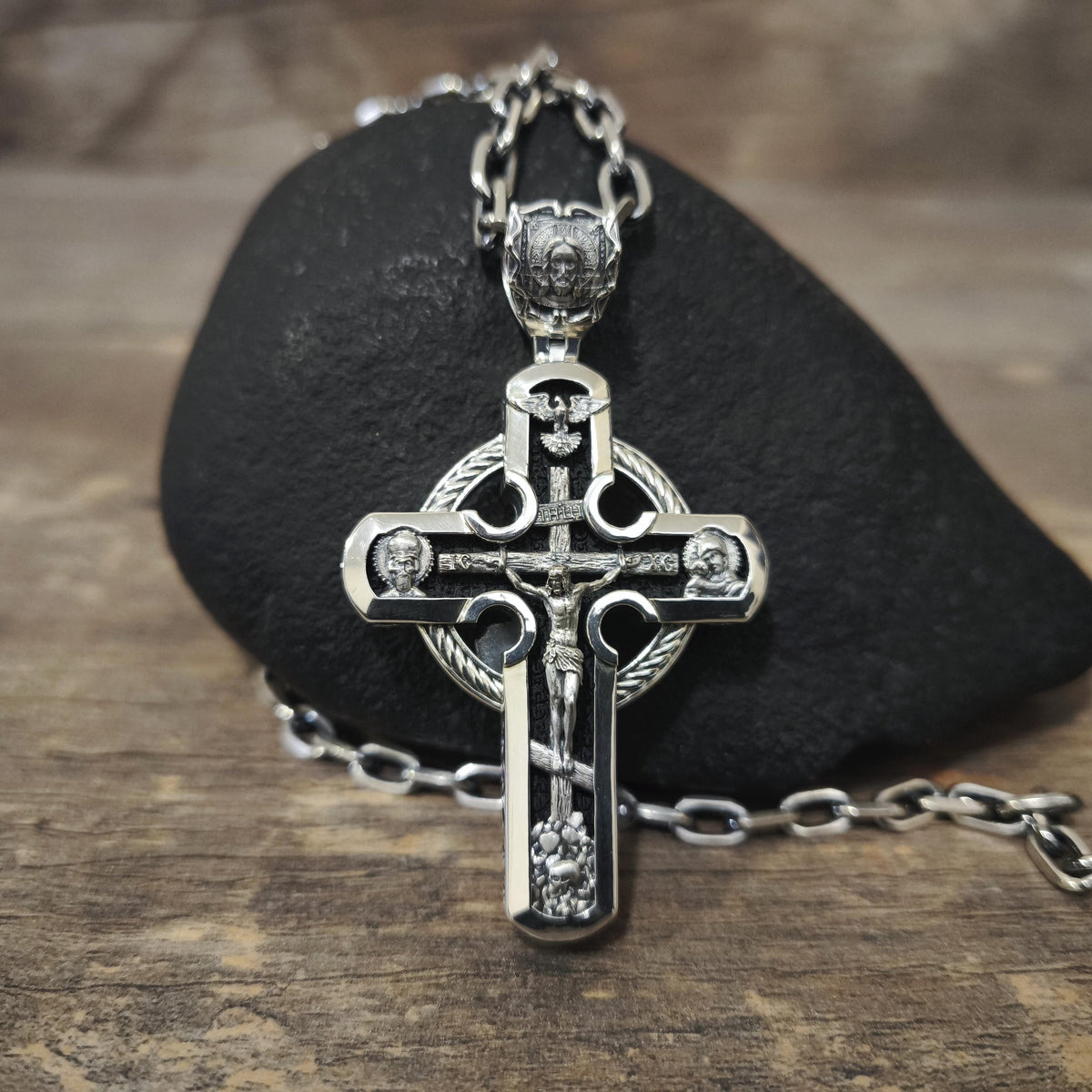 Sterling Silver Orthodox Crucifix Necklace Archangel Saint Michael & Ebony Wood - Religious Pendant
