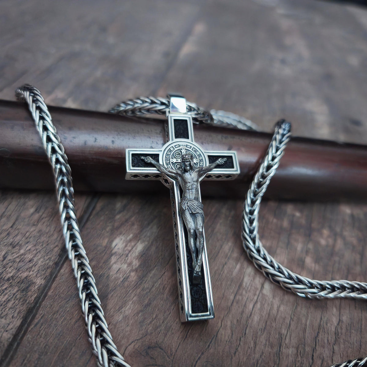 Personalized Saint Benedict Crucifix Necklace: Sterling Silver & Ebony Wood