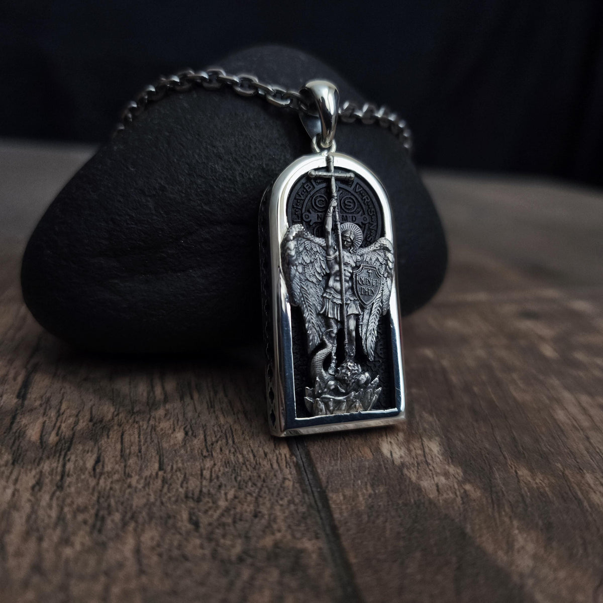 Sterling Silver Archangel Saint Michael Necklace: Handmade St. Benedict Exorcism & Ebony Wood