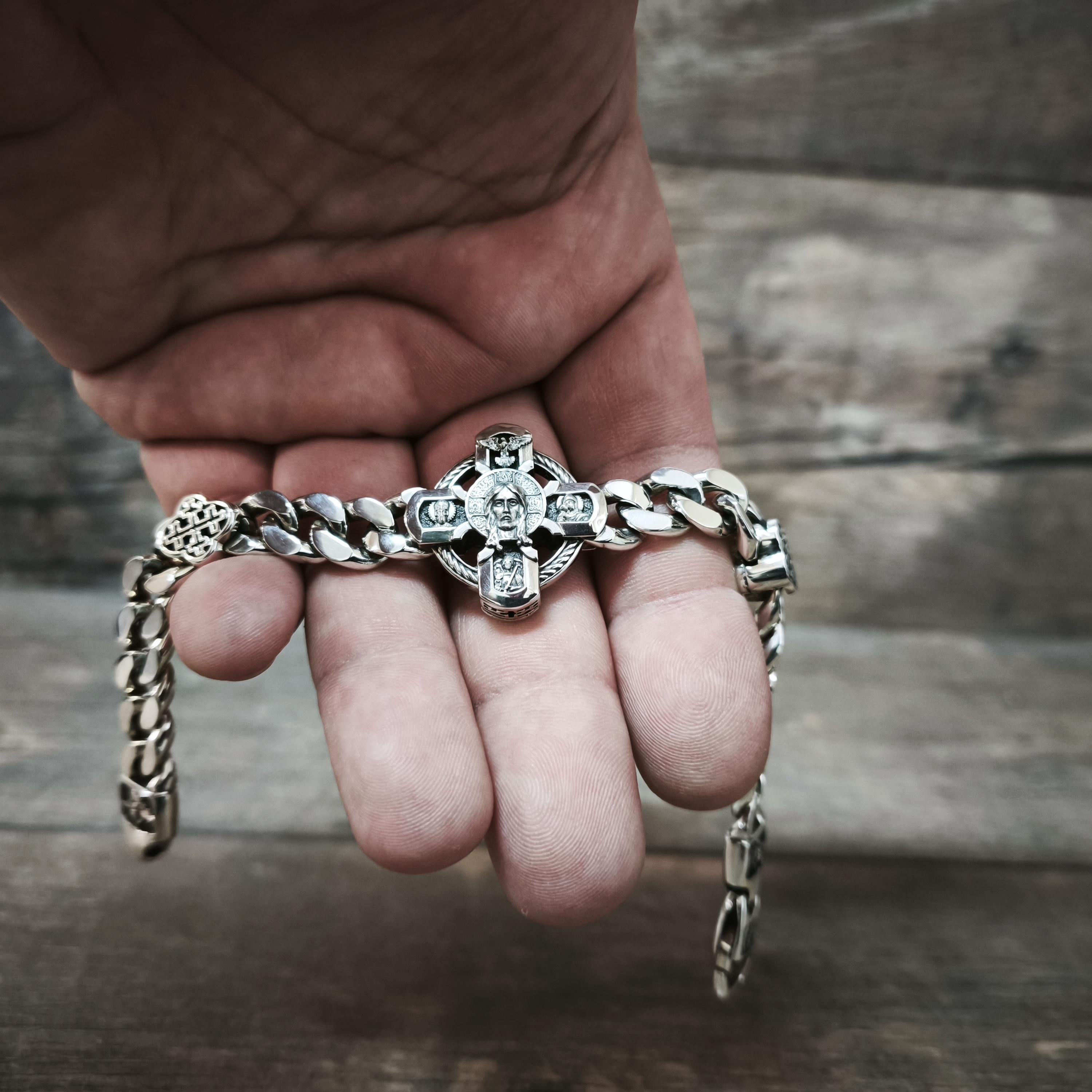 Silver Orthodox Christian Bracelet with Jesus, Archangel Michael, Nicholas the Wonderworker, the Virgin Mary