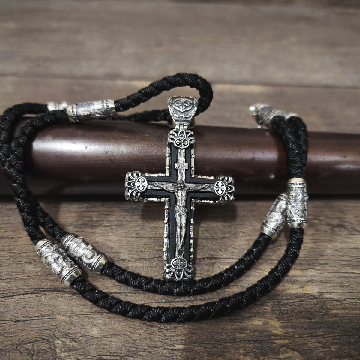 Sterling Silver Crucifix Archangel Michael Necklace & Ebony Wood - Religious Pendant