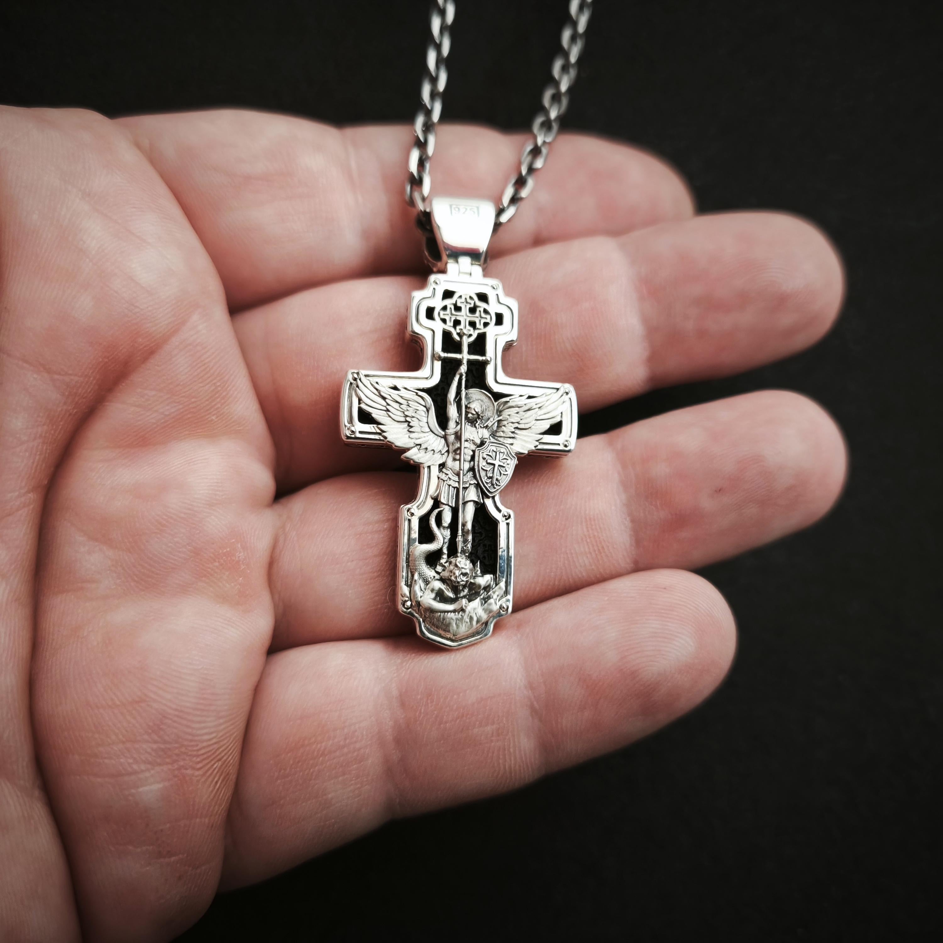 Sterling Silver Orthodox Crucifix Necklace Archangel Saint Michael & Ebony Wood - Religious Pendant