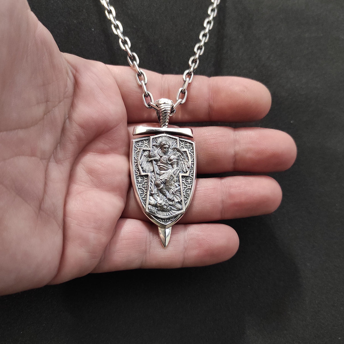Sterling Silver Archangel Michael Shield Pendant: Religious Necklace Gift