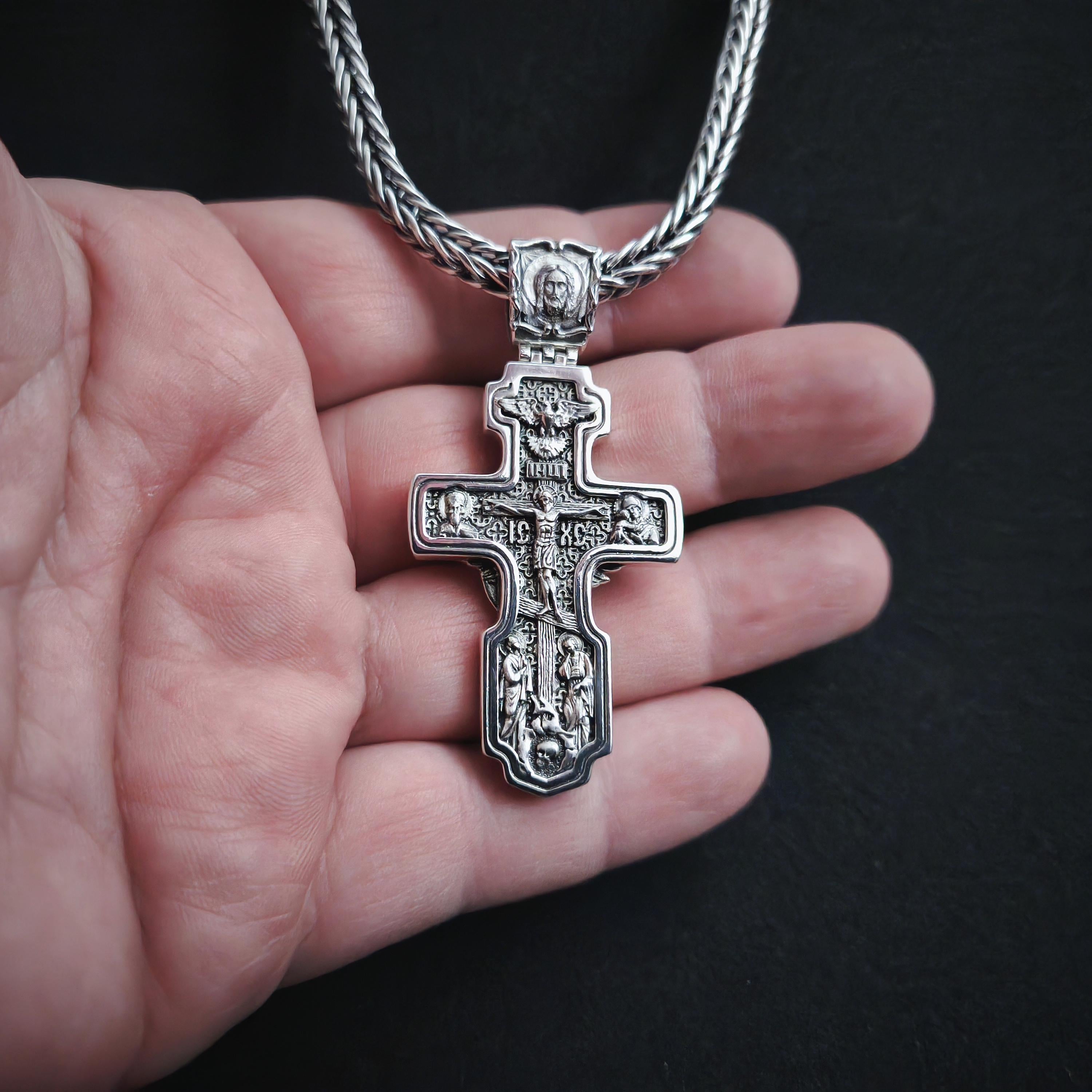 Sterling Silver Orthodox Crucifix Jesus Cross Necklace Archangel Saint Michael - Religious Pendant