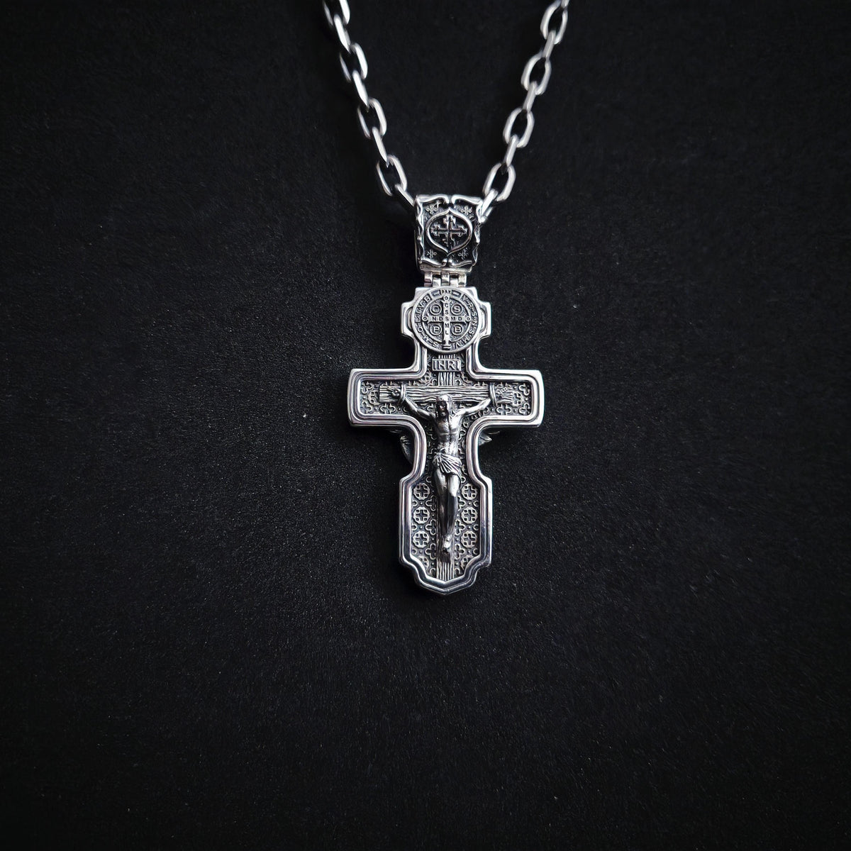 Personalized Jesus Cross Saint Benedict Crucifix Necklace Archangel Saint Michael: Sterling Silver