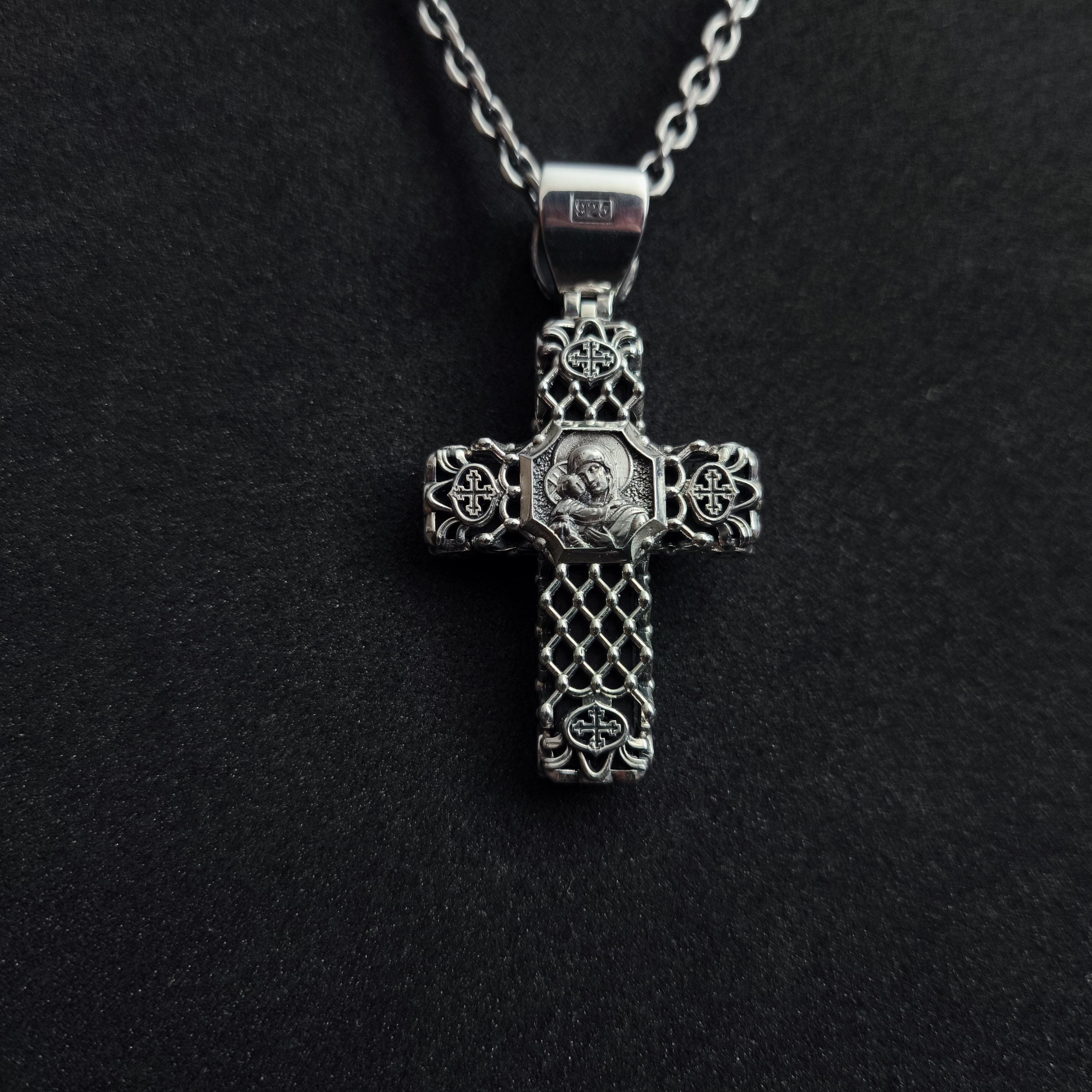 Sterling Silver Orthodox Crucifix Necklace & Ebony Wood - Religious Pendant