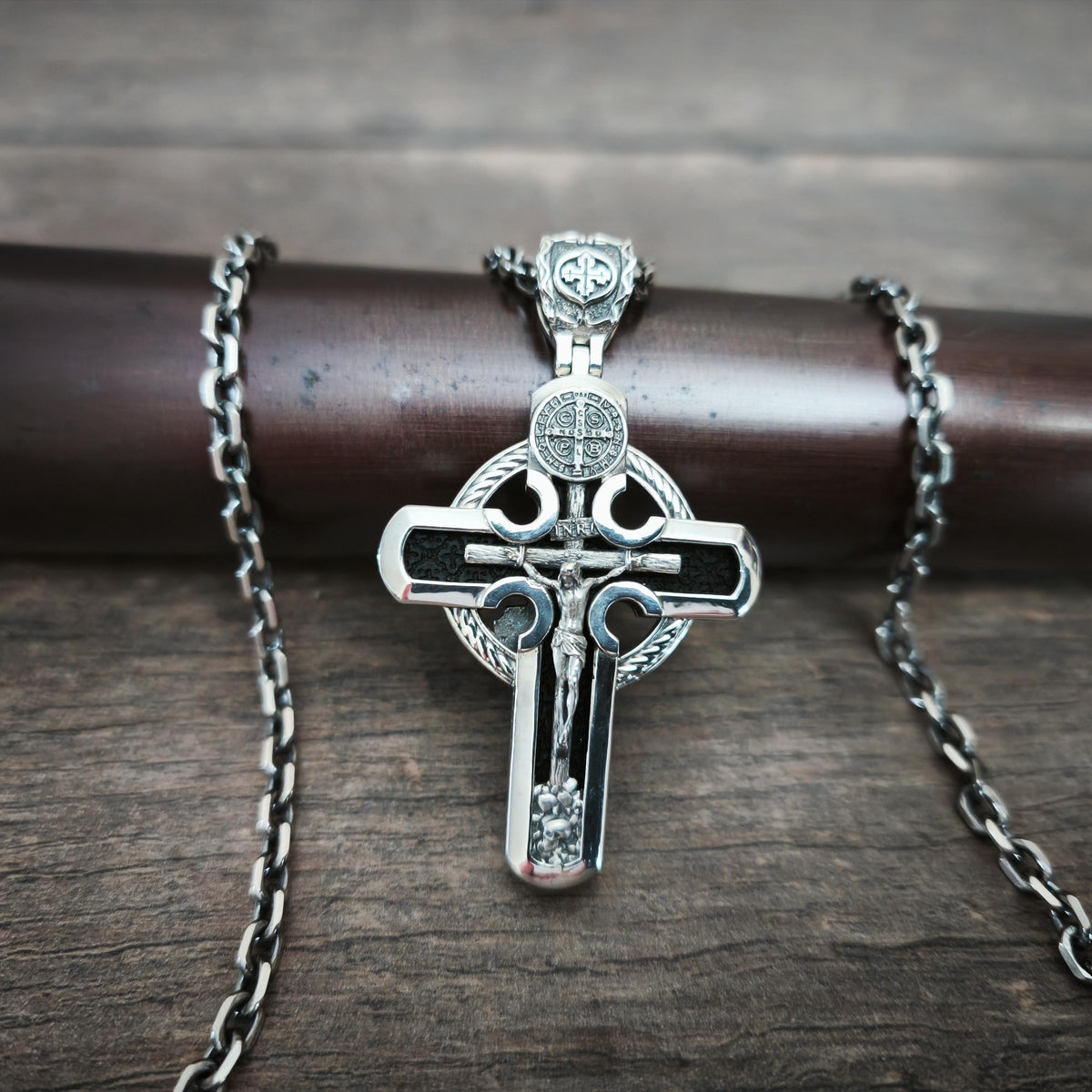 Personalized Saint Benedict Crucifix Necklace Archangel Saint Michael : Sterling Silver & Ebony Wood