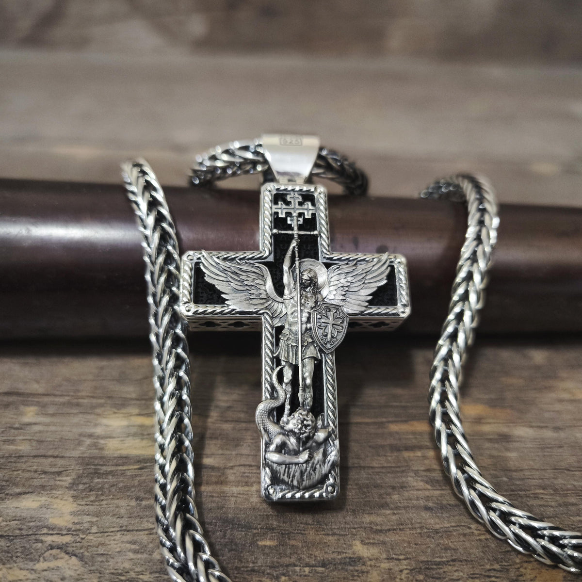 Personalized Saint Benedict Crucifix Necklace Archangel Saint Michael : Sterling Silver & Ebony Wood