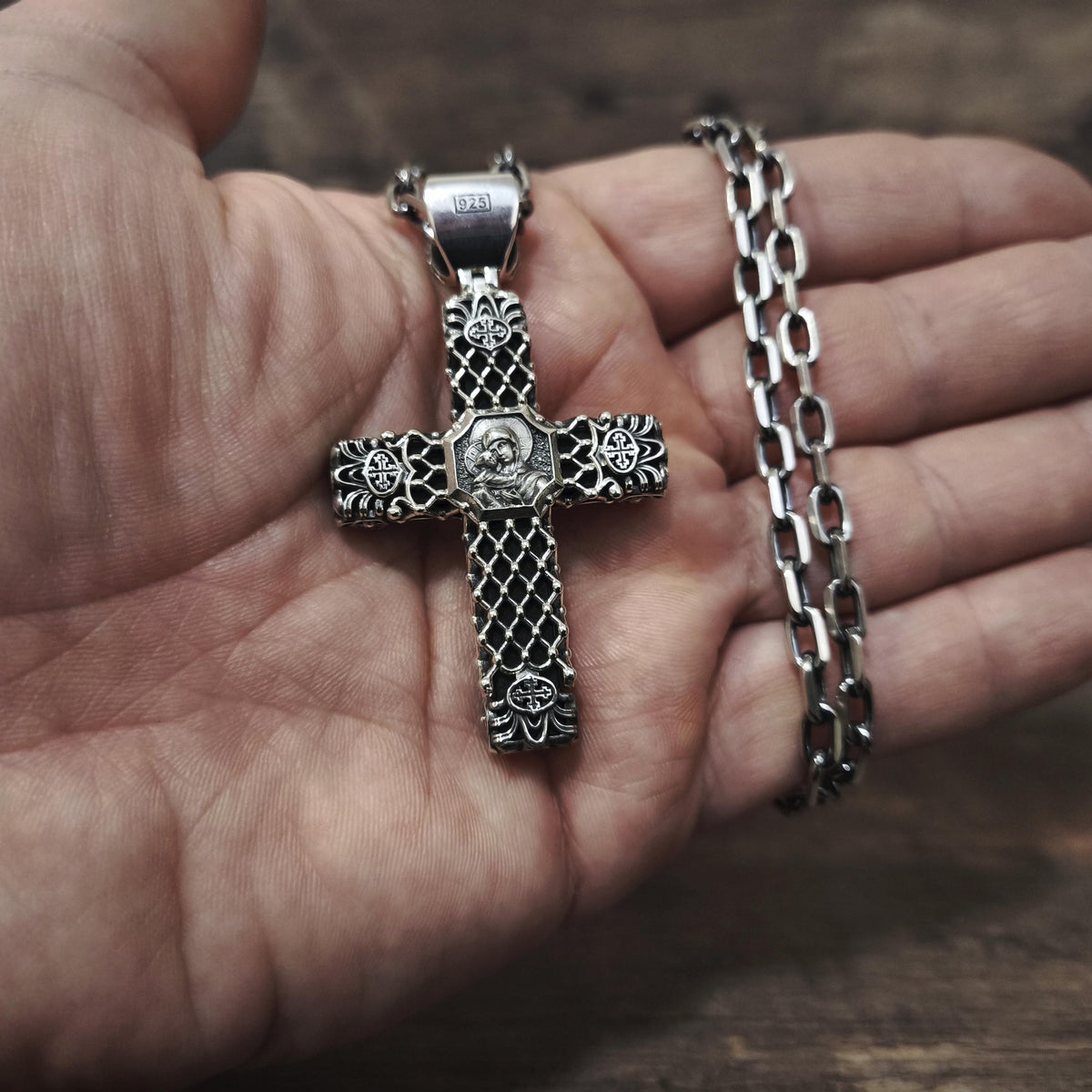 Sterling Silver Orthodox Crucifix Necklace & Ebony Wood - Religious Pendant
