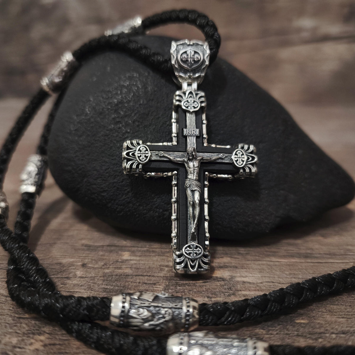 Sterling Silver Crucifix Archangel Michael Necklace & Ebony Wood - Religious Pendant