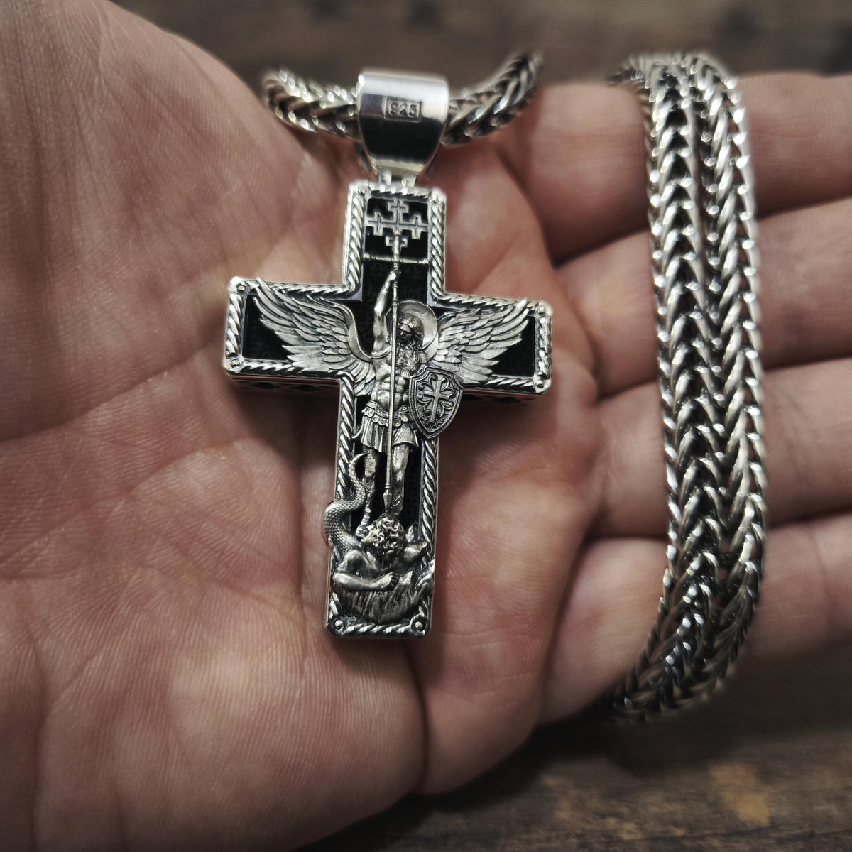 Personalized Saint Benedict Crucifix Necklace Archangel Saint Michael : Sterling Silver & Ebony Wood