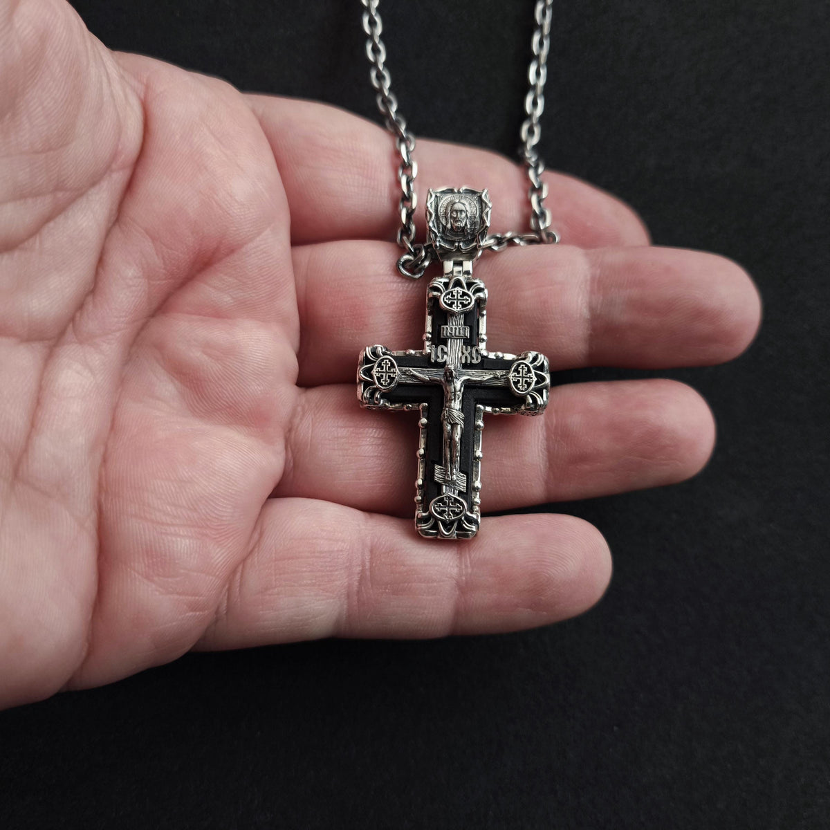 Sterling Silver Orthodox Crucifix Necklace & Ebony Wood - Religious Pendant