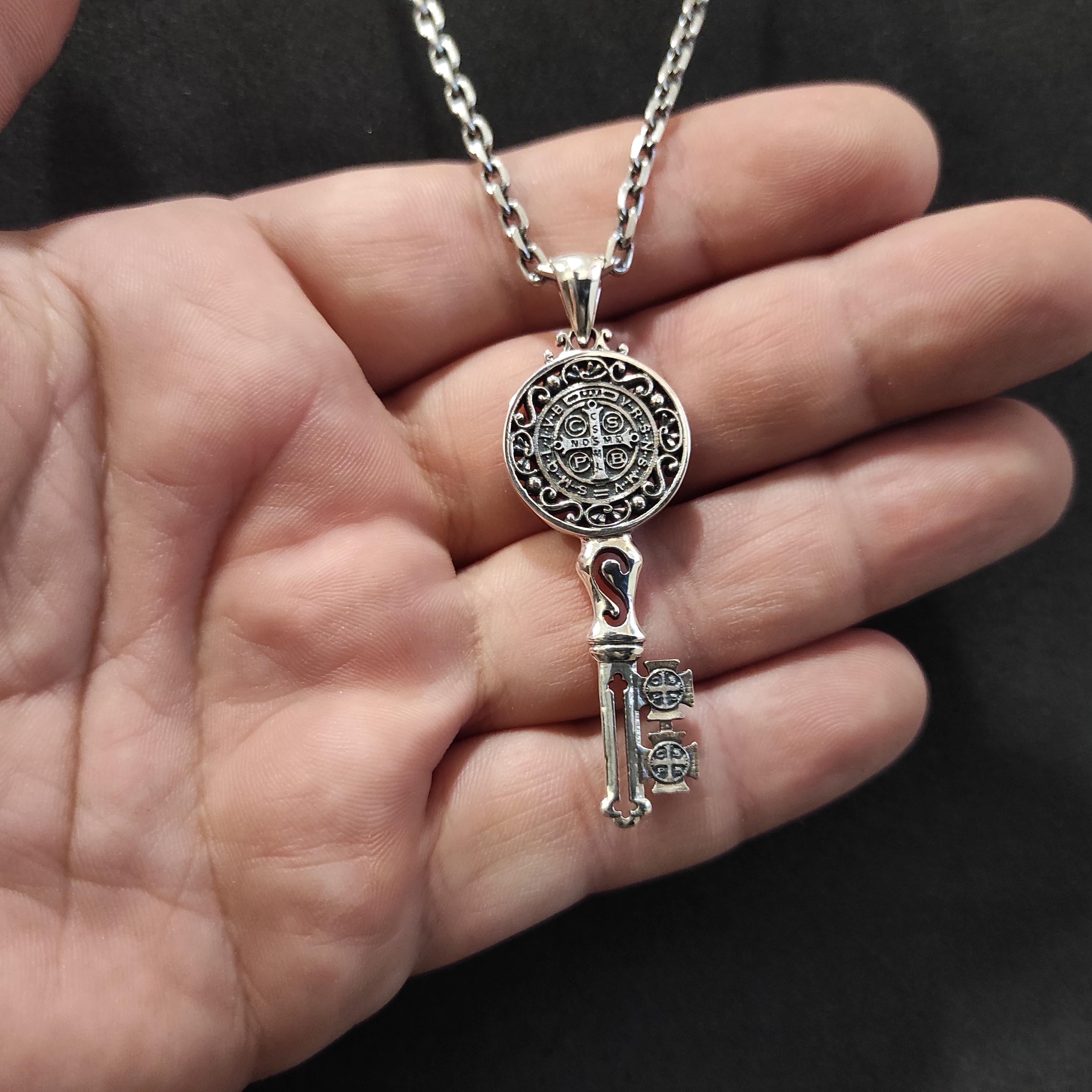 Saint Benedict Key Pendant: Sterling Silver Gothic Crucifix Necklace