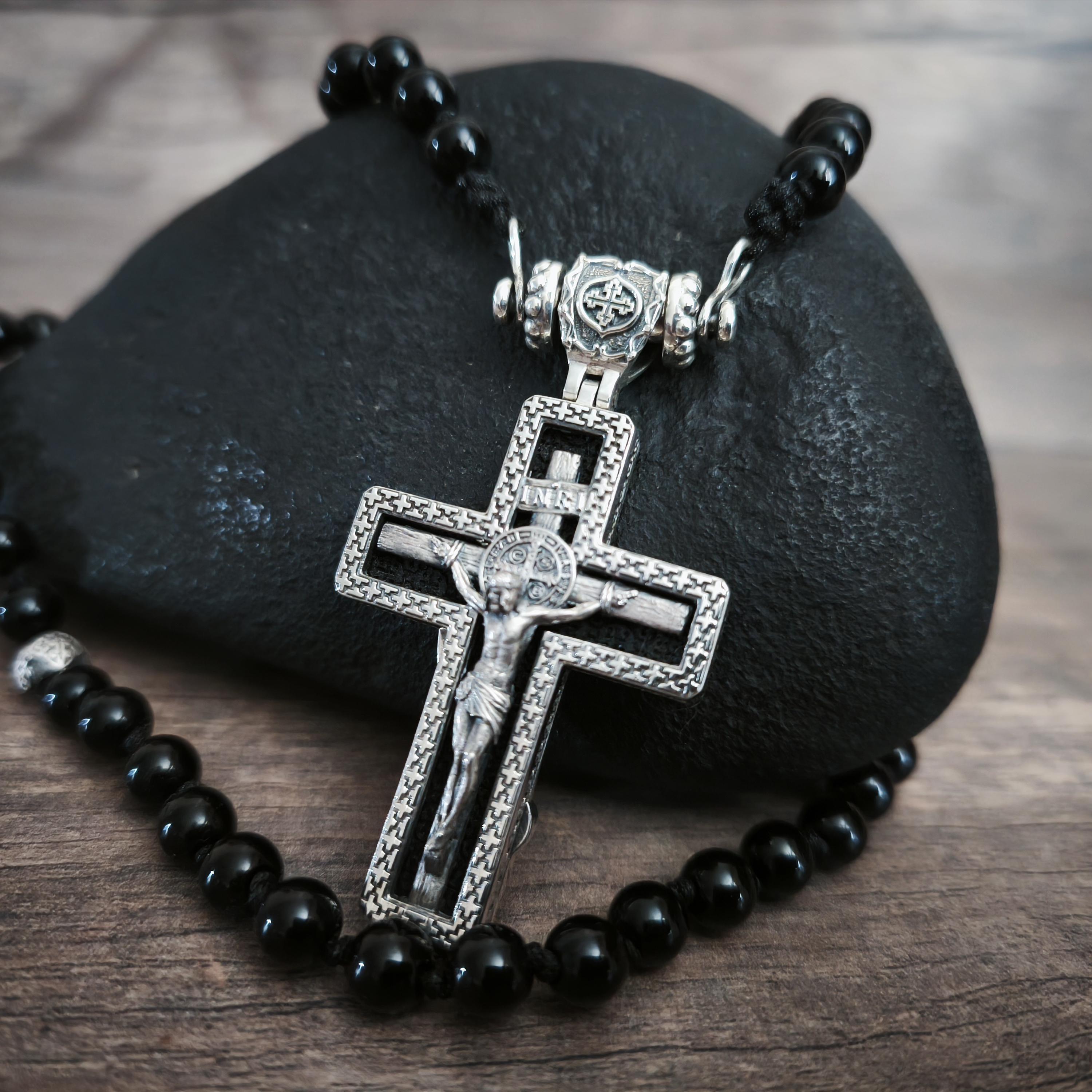 Personalized Saint Benedict Crucifix Necklace Archangel Saint Michael : Sterling Silver & Ebony Wood