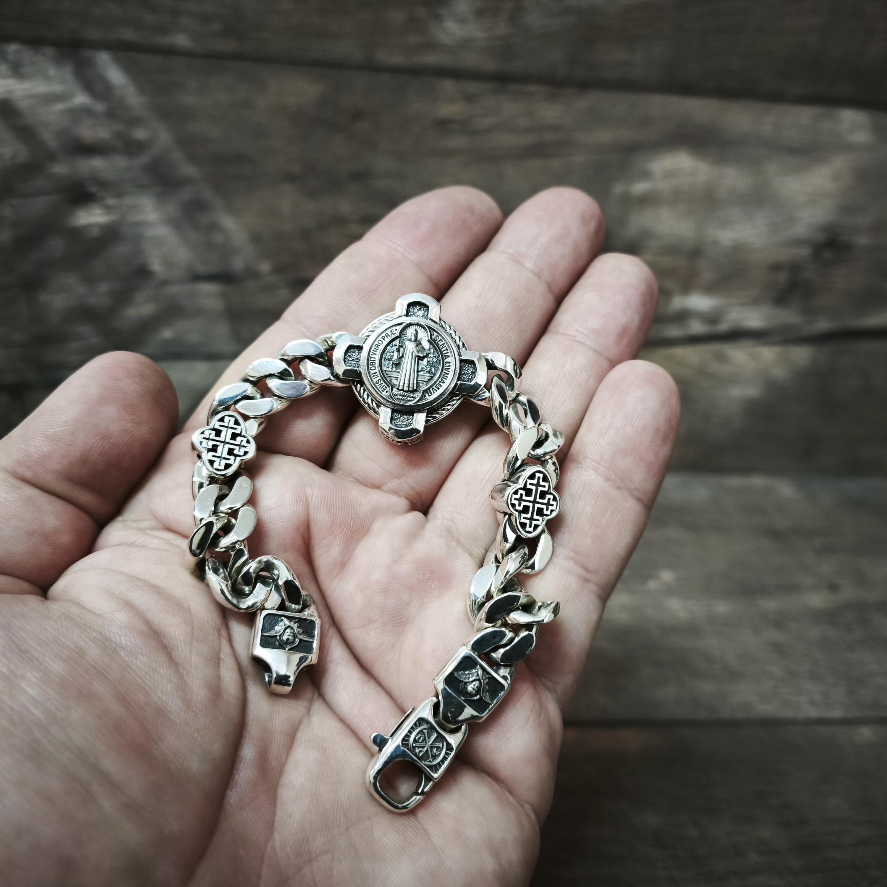 Handmade St. Benedict Silver Bracelet: Religious Exorcism Gift