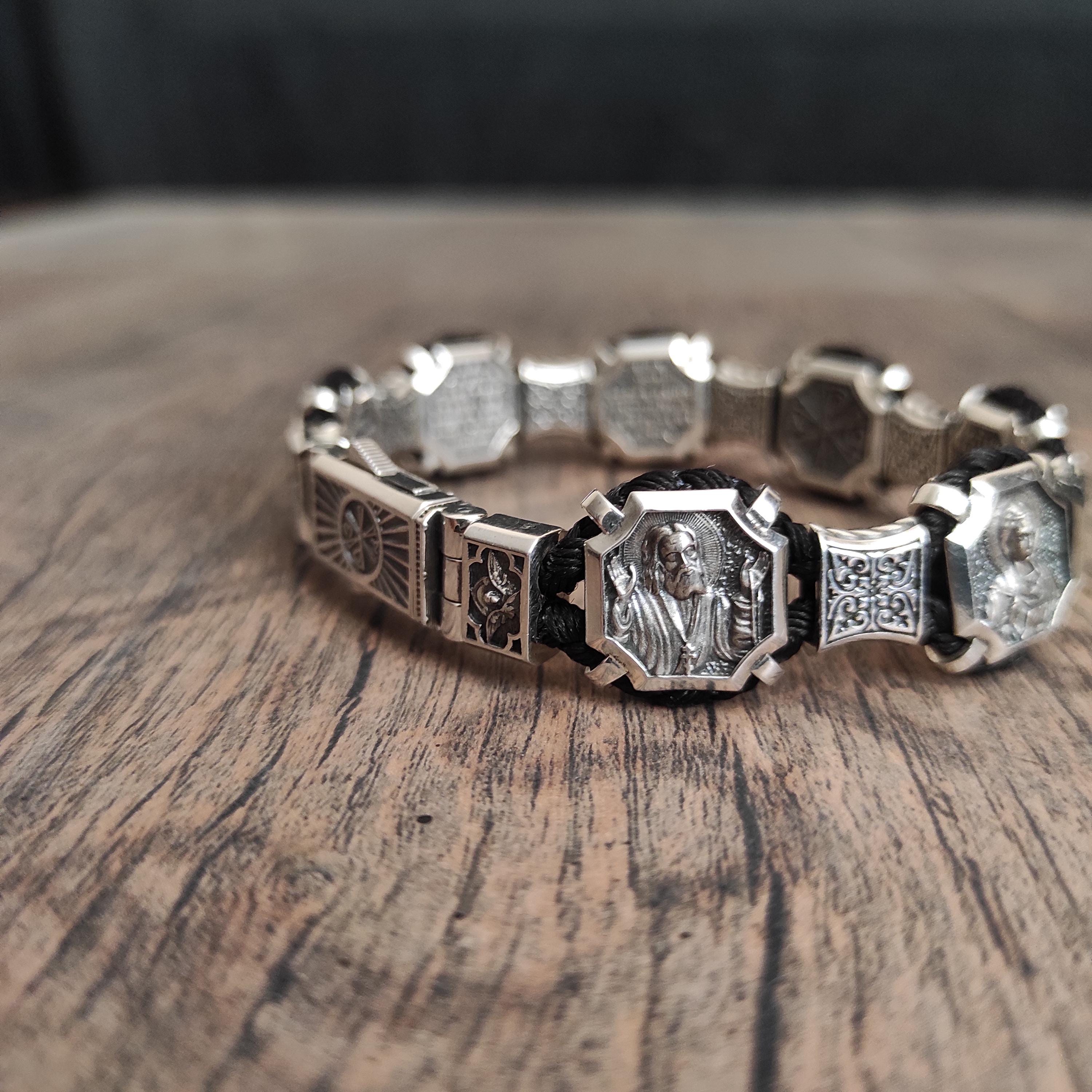 Silver Orthodox Christian Bracelet with Saints and Our Father Prayer