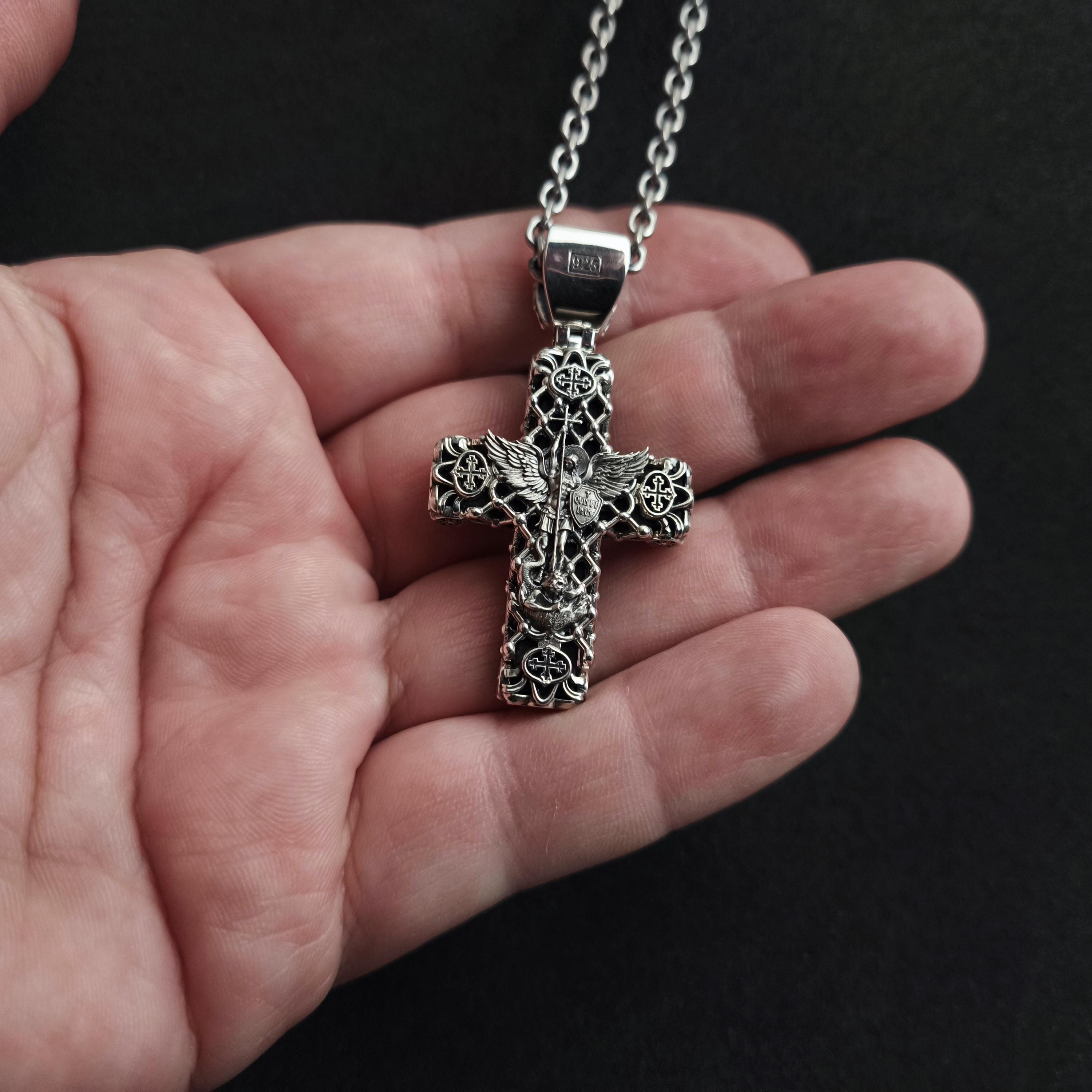 Sterling Silver Crucifix Archangel Michael Necklace & Ebony Wood - Religious Pendant