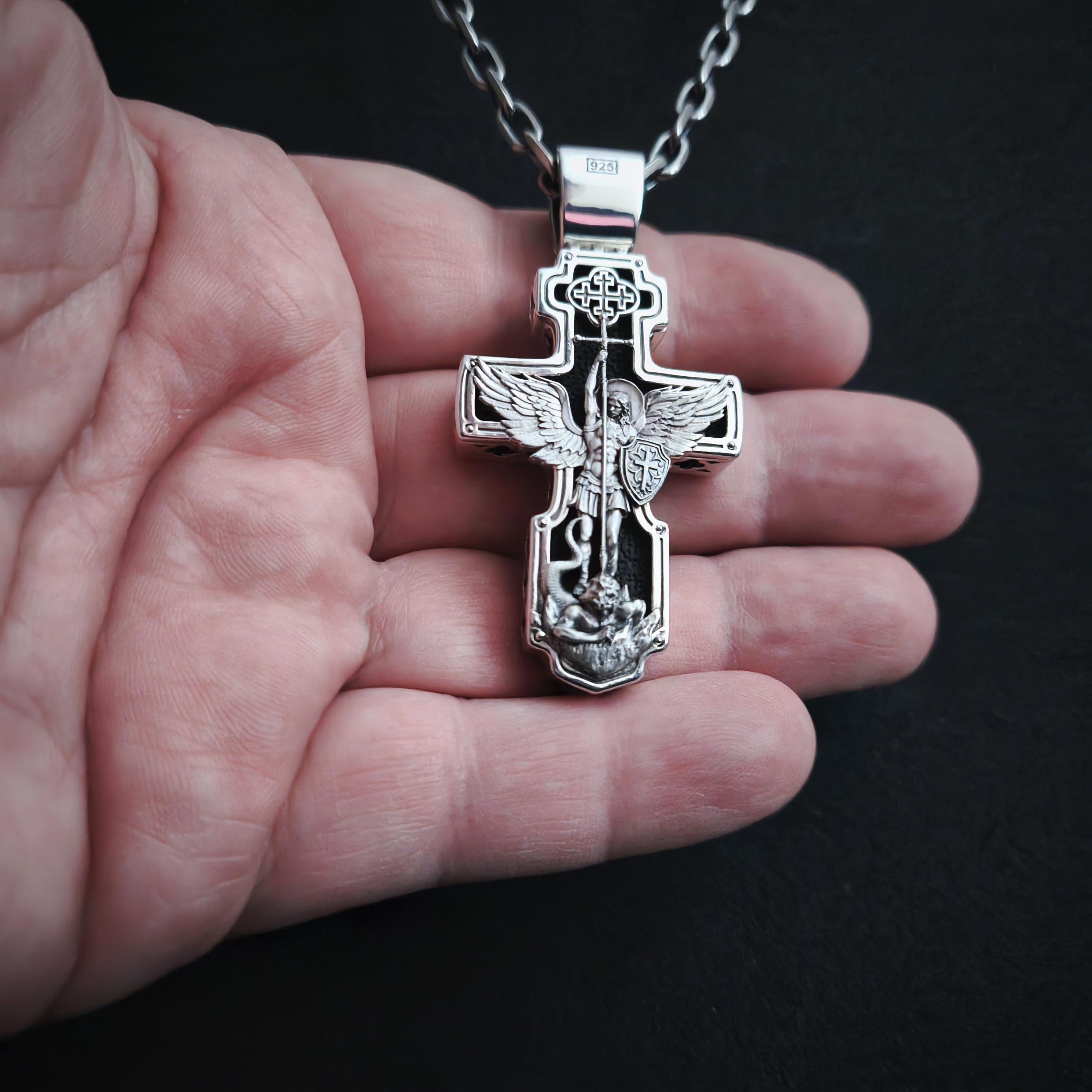 Personalized Saint Benedict Crucifix Necklace Archangel Saint Michael : Sterling Silver & Ebony Wood