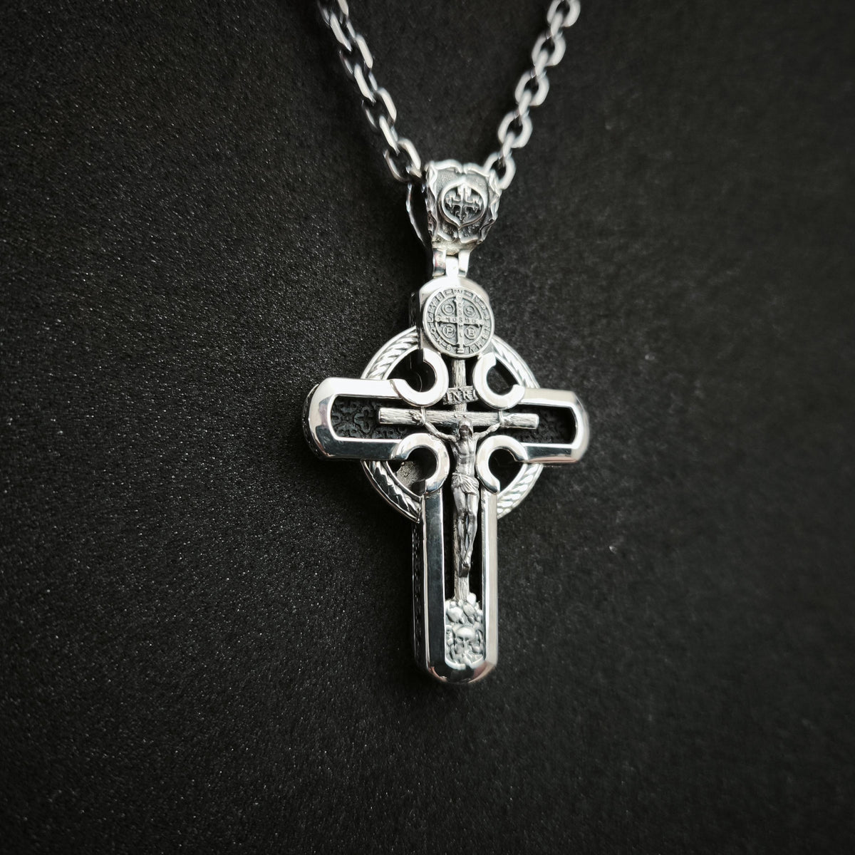 Personalized Saint Benedict Crucifix Necklace Archangel Saint Michael : Sterling Silver & Ebony Wood