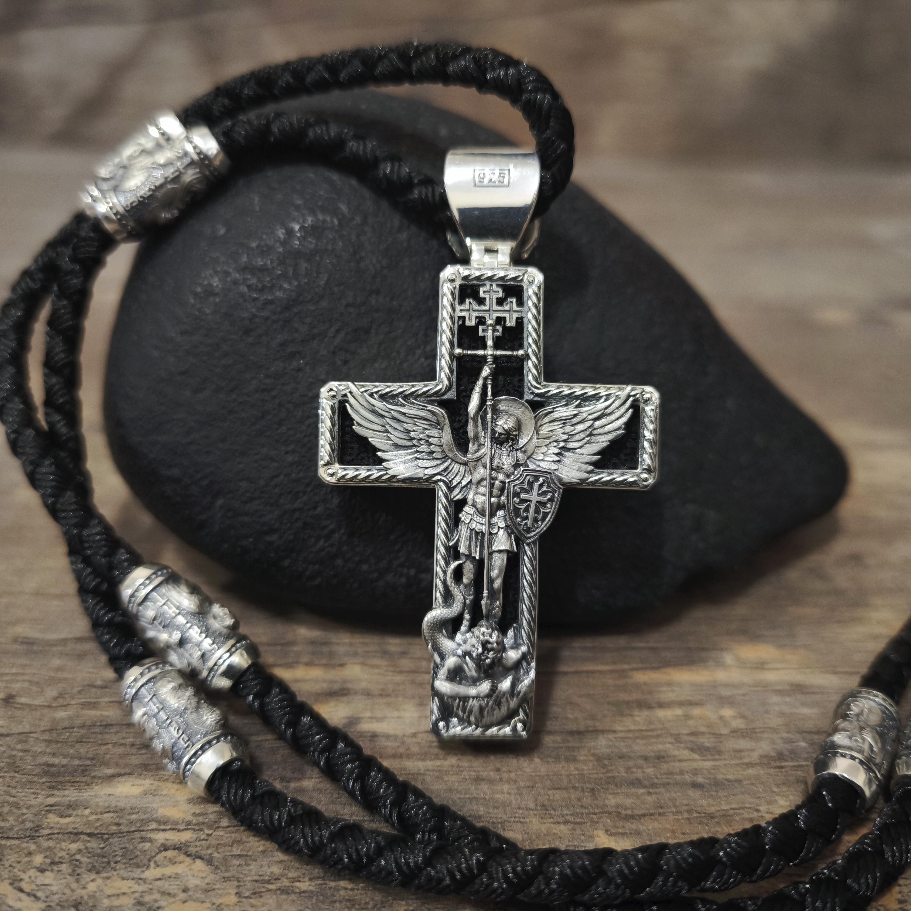 Personalized Jesus Cross Saint Benedict Crucifix Necklace Archangel Saint Michael : Sterling Silver & Ebony Wood