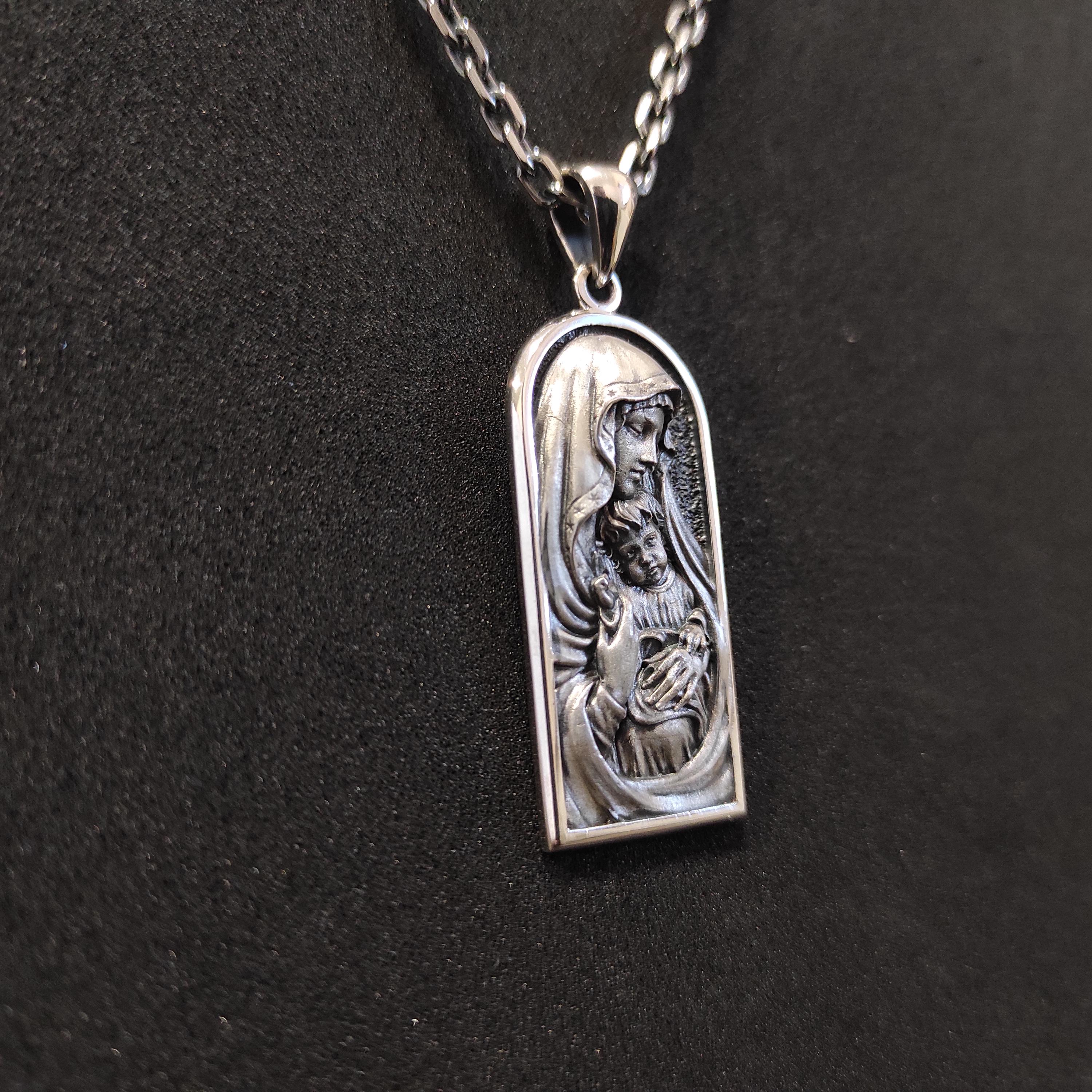 Sterling Silver Miraculous Medal Necklace: Virgin Mary & Baby Jesus