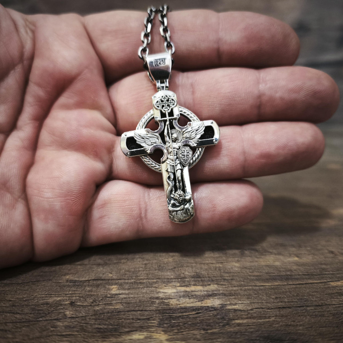 Sterling Silver Orthodox Cross Necklace - Archangel Michael, Ebony Wood