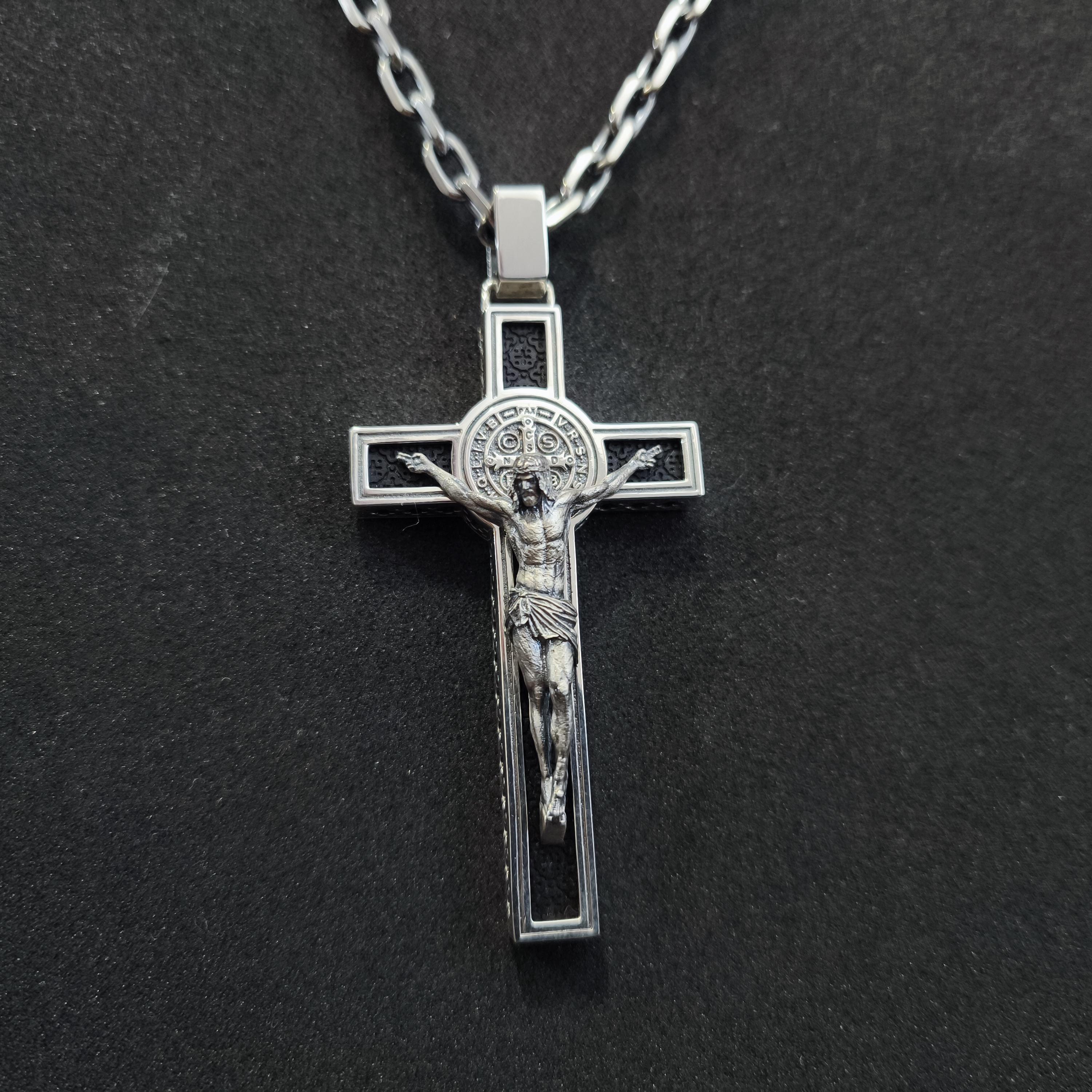 Personalized Saint Benedict Crucifix Necklace: Sterling Silver & Ebony Wood