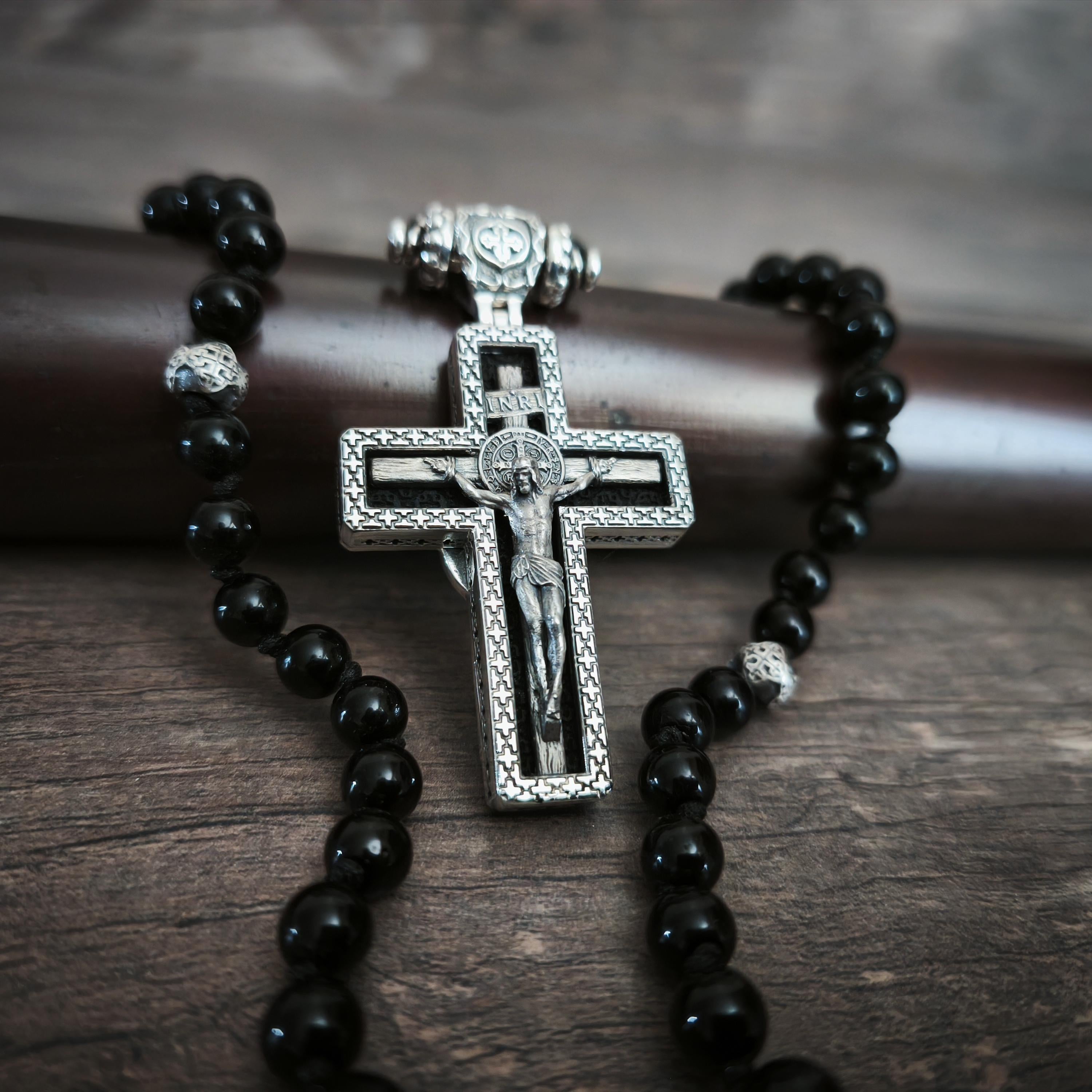 Personalized Saint Benedict Crucifix Necklace Archangel Saint Michael : Sterling Silver & Ebony Wood