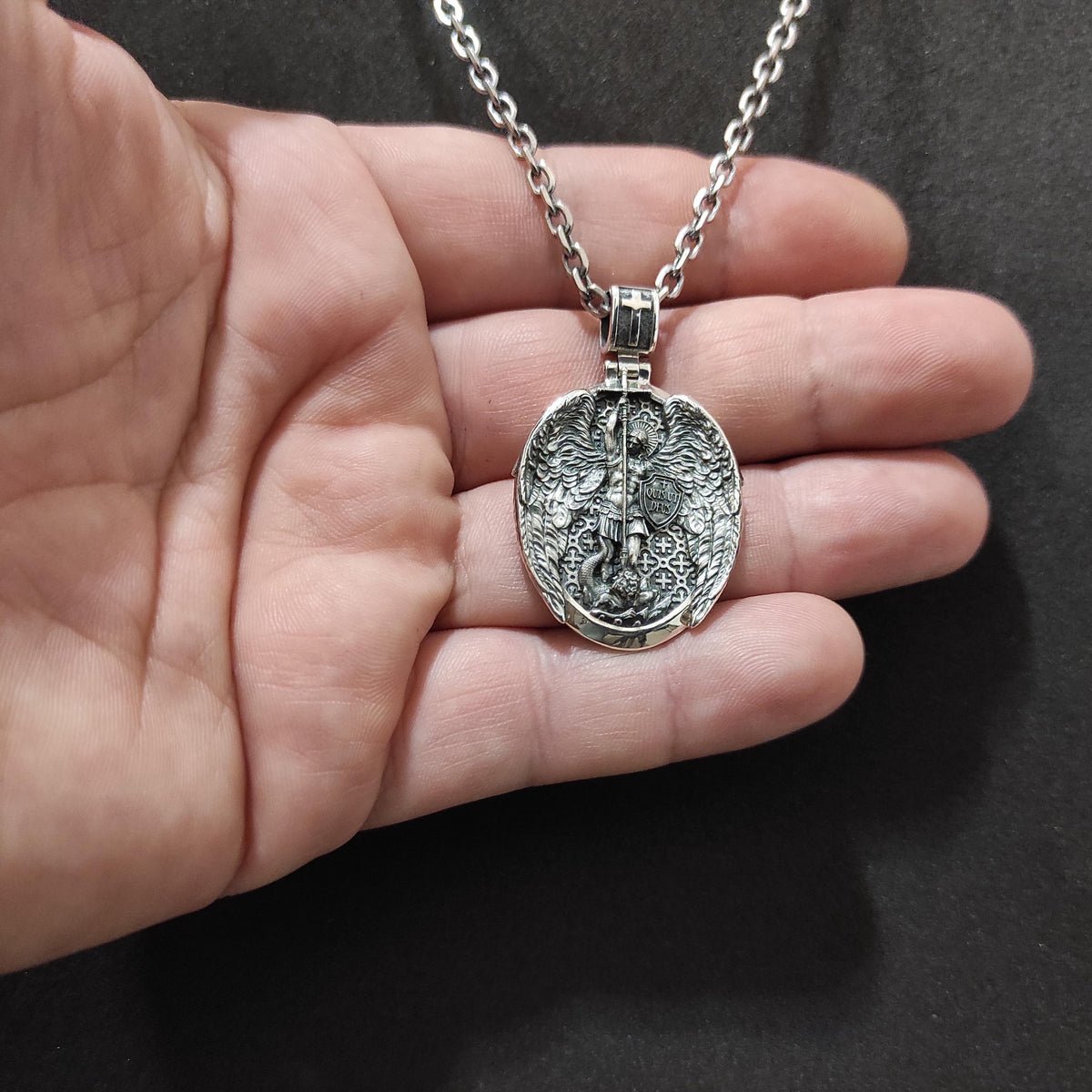 Sterling Silver Archangel Michael Shield Pendant Necklace, Religious Gift