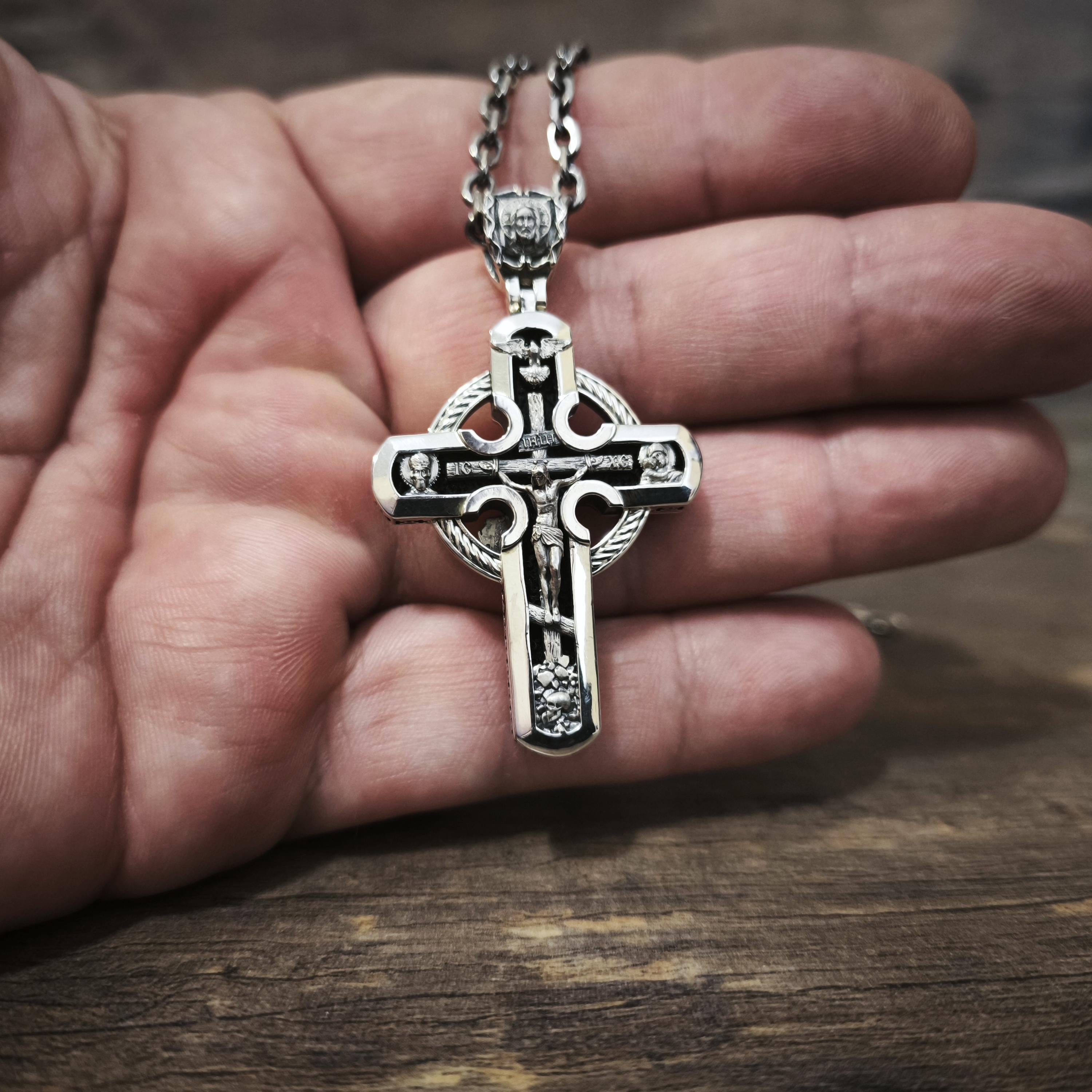 Sterling Silver Orthodox Cross Necklace - Archangel Michael, Ebony Wood