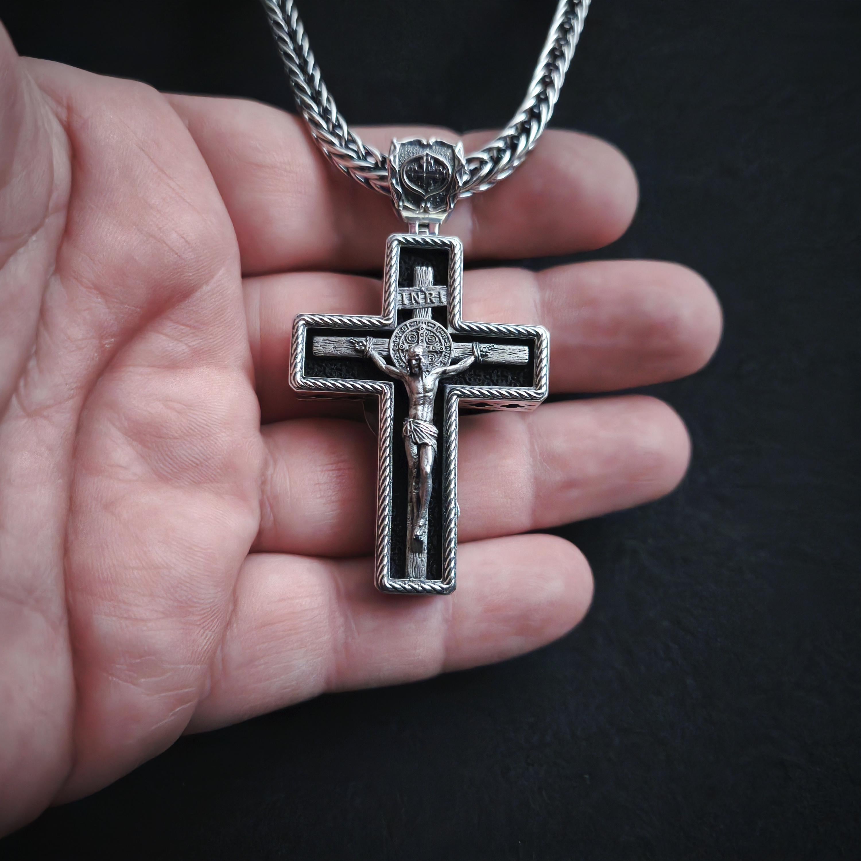 Personalized Saint Benedict Crucifix Necklace Archangel Saint Michael : Sterling Silver & Ebony Wood
