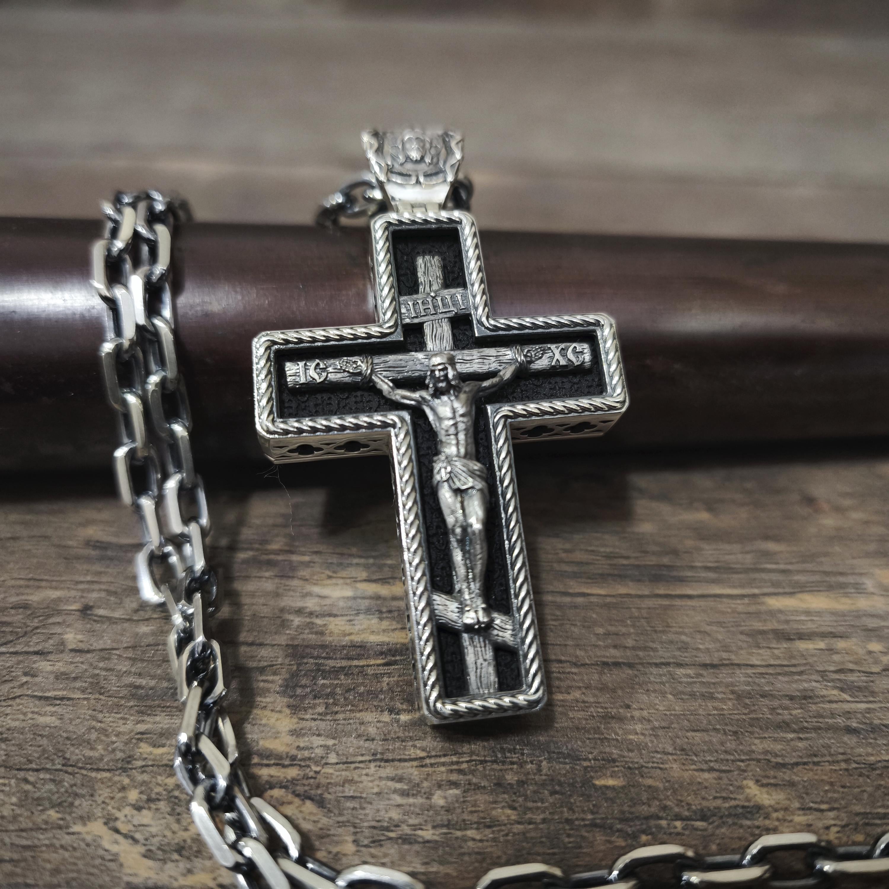 Sterling Silver Orthodox Crucifix Necklace Archangel Saint Michael & Ebony Wood - Religious Pendant