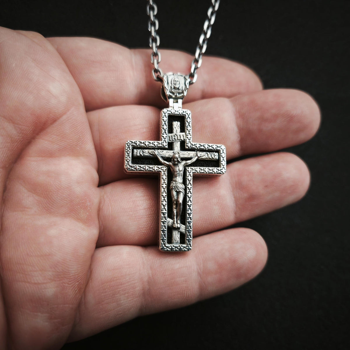 Sterling Silver Orthodox Crucifix Necklace Archangel Saint Michael & Ebony Wood - Religious Pendant