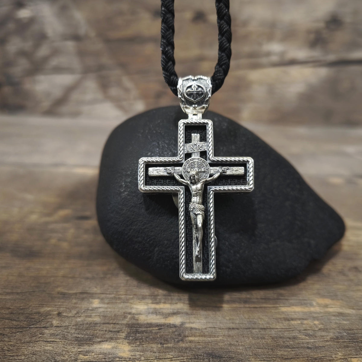 Personalized Jesus Cross Saint Benedict Crucifix Necklace Archangel Saint Michael : Sterling Silver & Ebony Wood