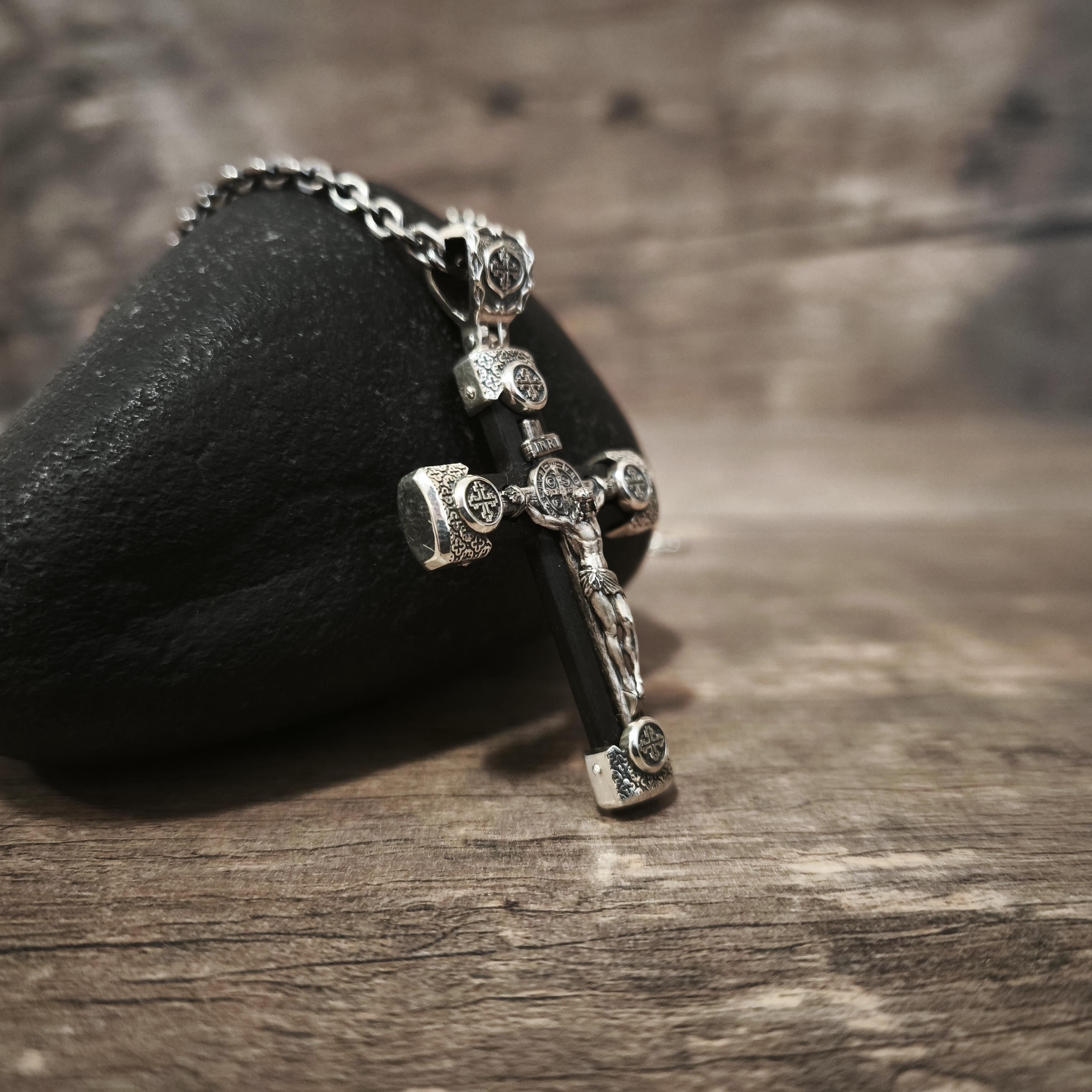 Sterling Silver Crucifix  Necklace & Ebony Wood - Religious Pendant