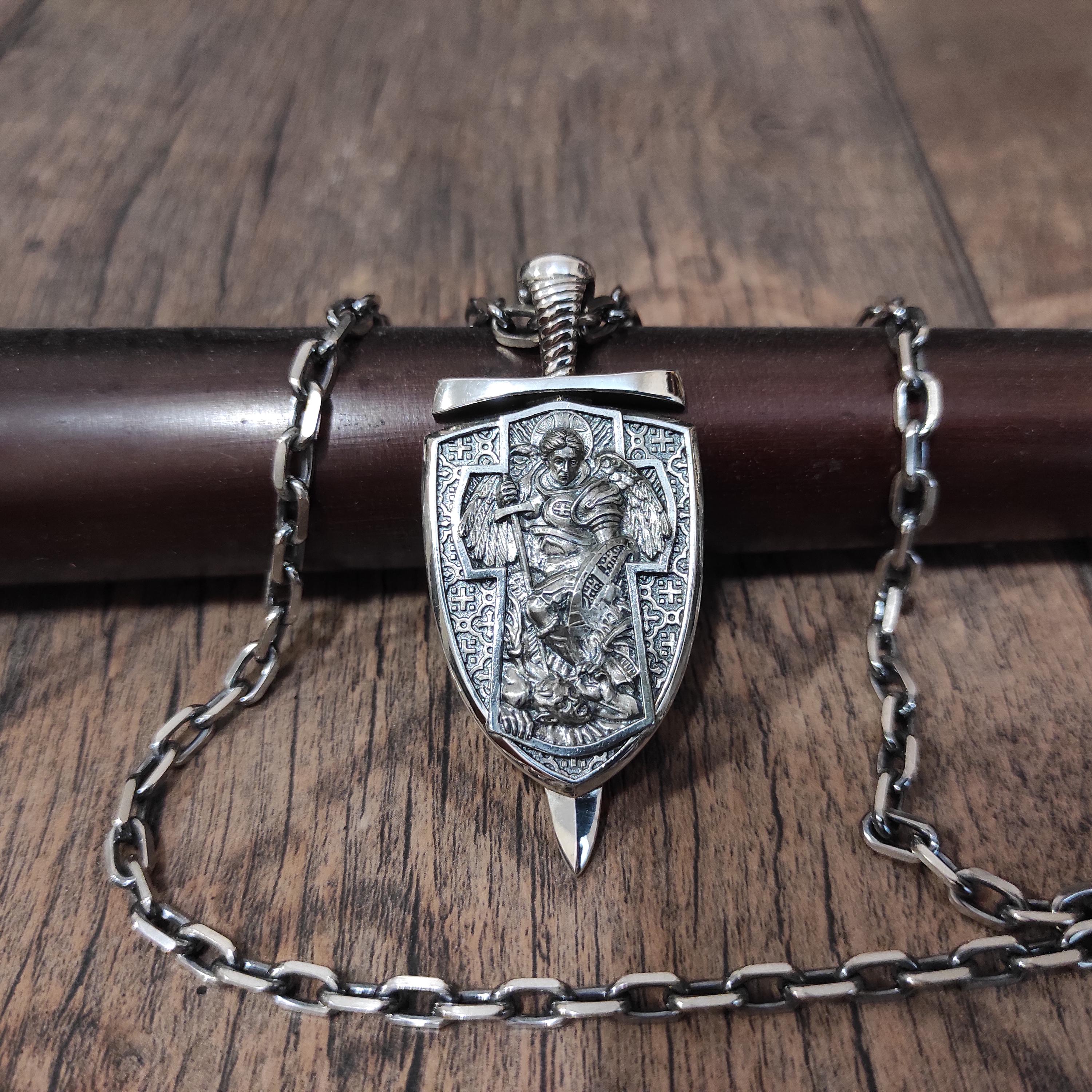 Sterling Silver Archangel Michael Shield Pendant: Religious Necklace Gift