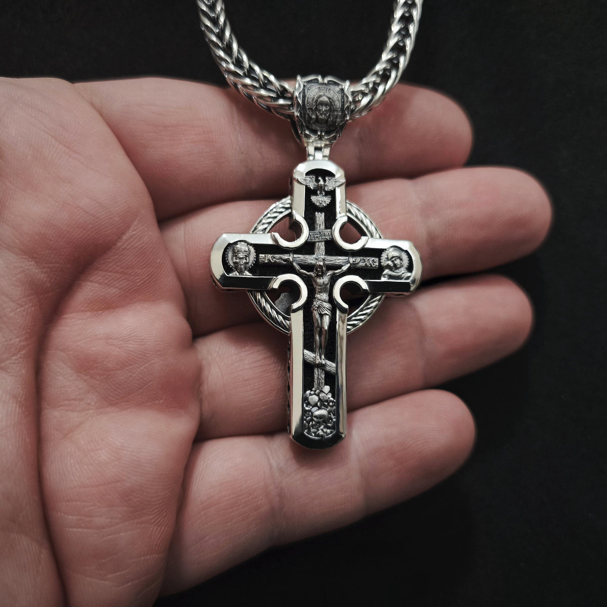 Sterling Silver Orthodox Cross Necklace - Archangel Michael, Ebony Wood