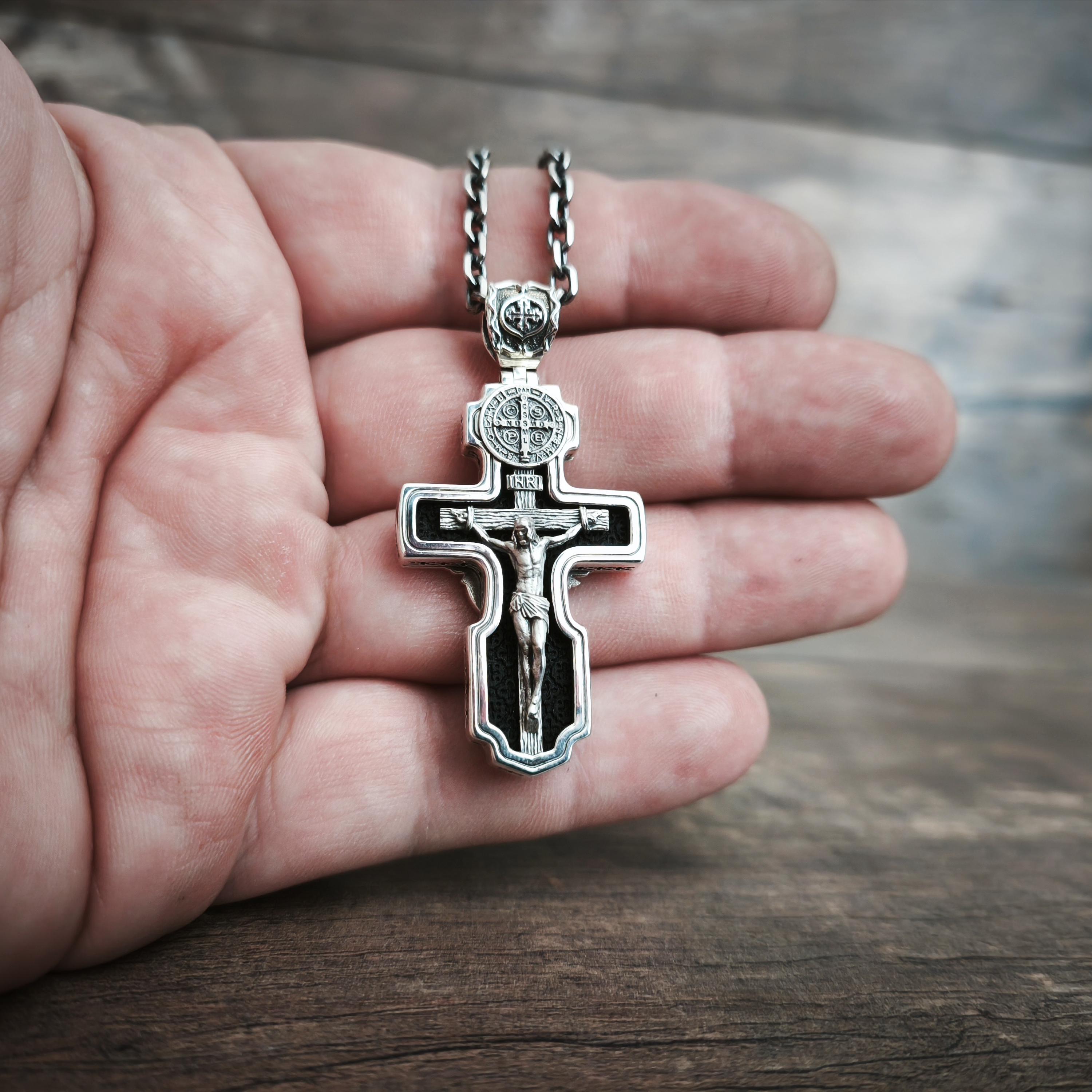 Personalized Saint Benedict Crucifix Necklace Archangel Saint Michael : Sterling Silver & Ebony Wood